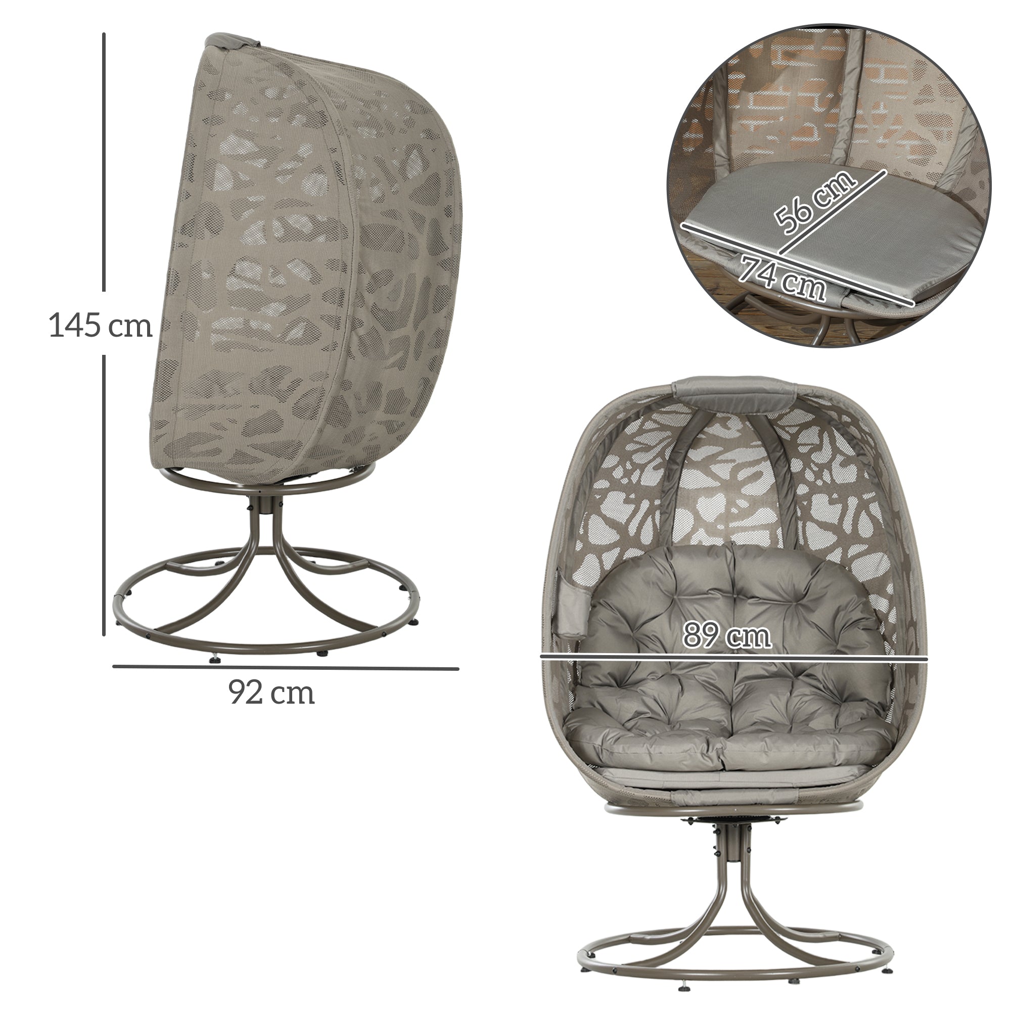 Swivel Egg Chair with Cushions and Metal Frame - Sand Brown