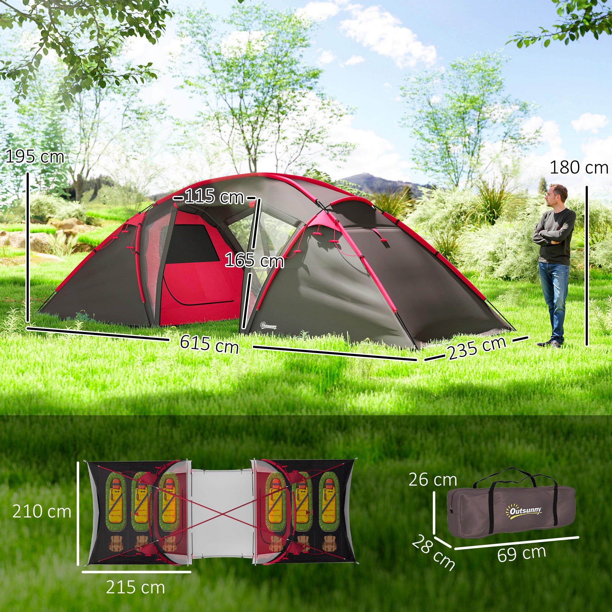 4-6 Man Family Camping Tent w/ 2 Bedrooms and a Living Room, Waterproof Tunnel Tent w/ Sewn In Groundsheet, Doors, Windows, Carry Bag, Grey