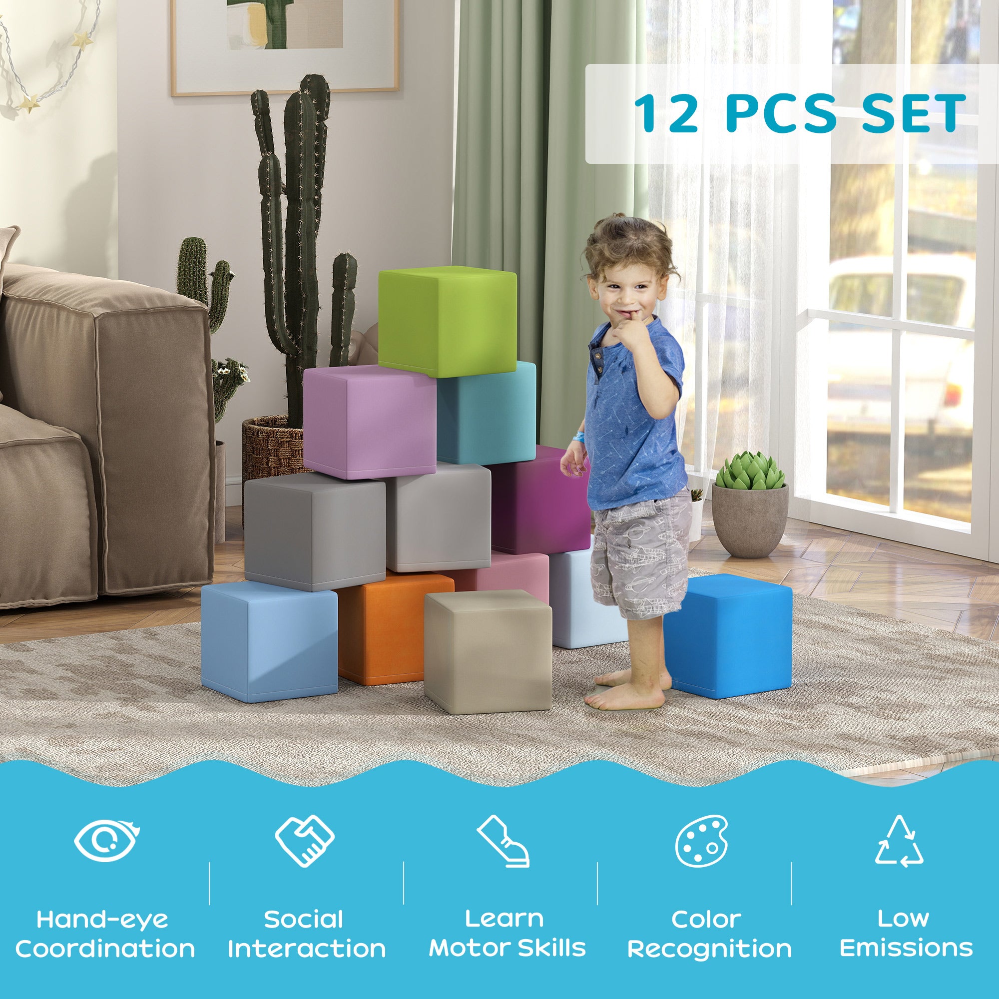 12 PCs Soft Play Blocks, Soft Foam Toy, Building and Stacking Blocks for Kids, Blue