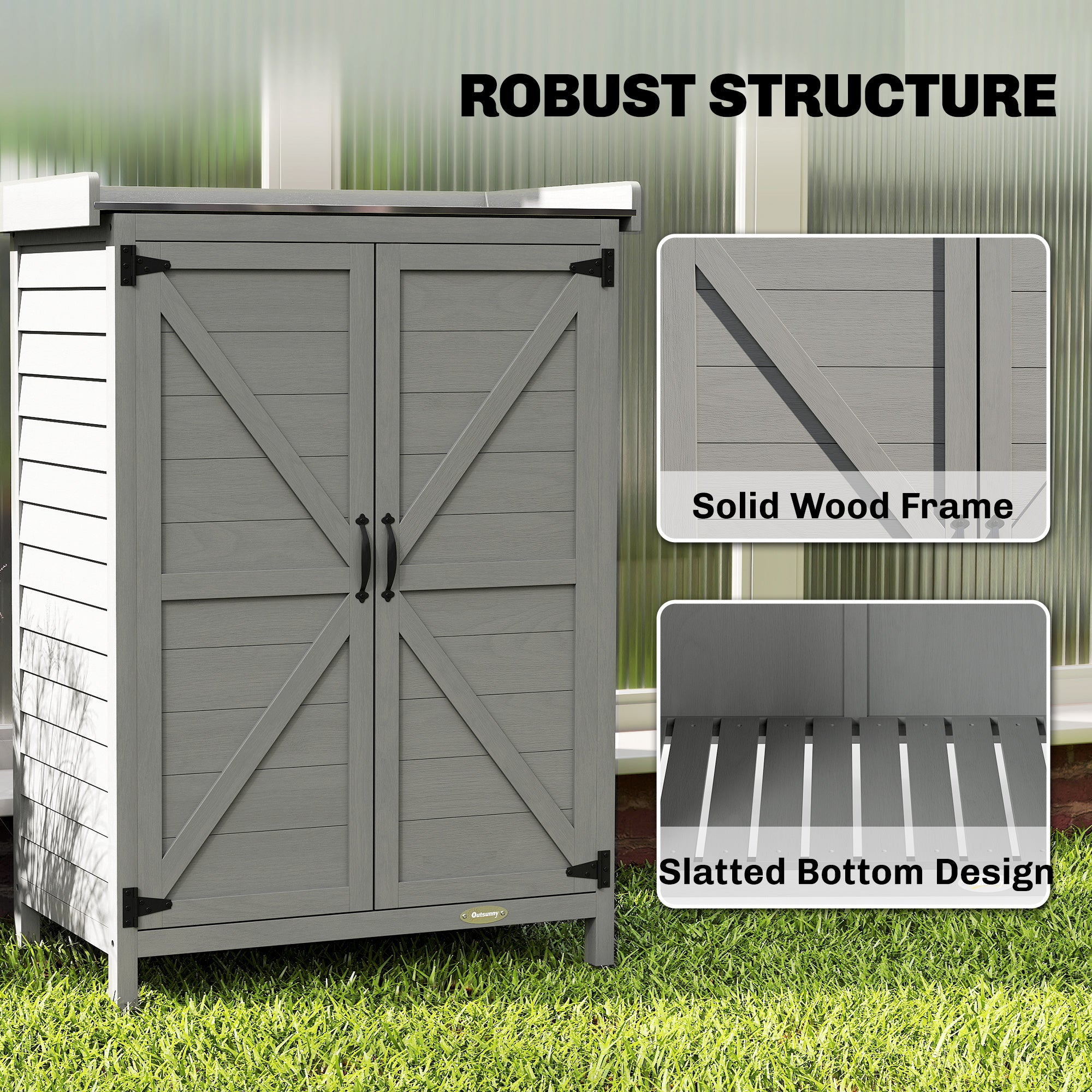 Wooden Garden Shed, Garden Tool Storage Shed with Shelf and Side Hooks, 71.5 x 39 x 95 cm, Grey