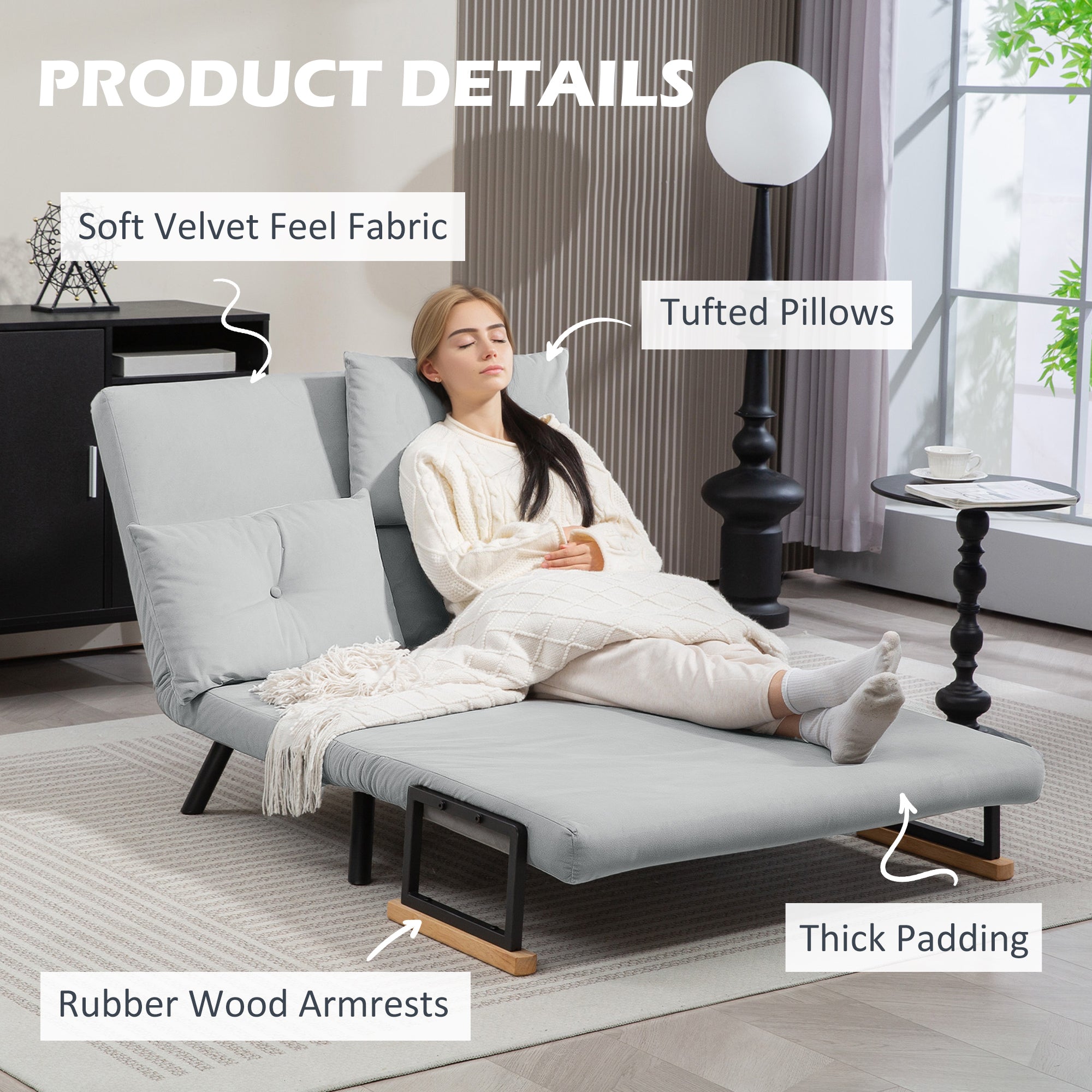 4-in-1 Velvet-Feel Double Sofa Bed with Pillows - Light Grey