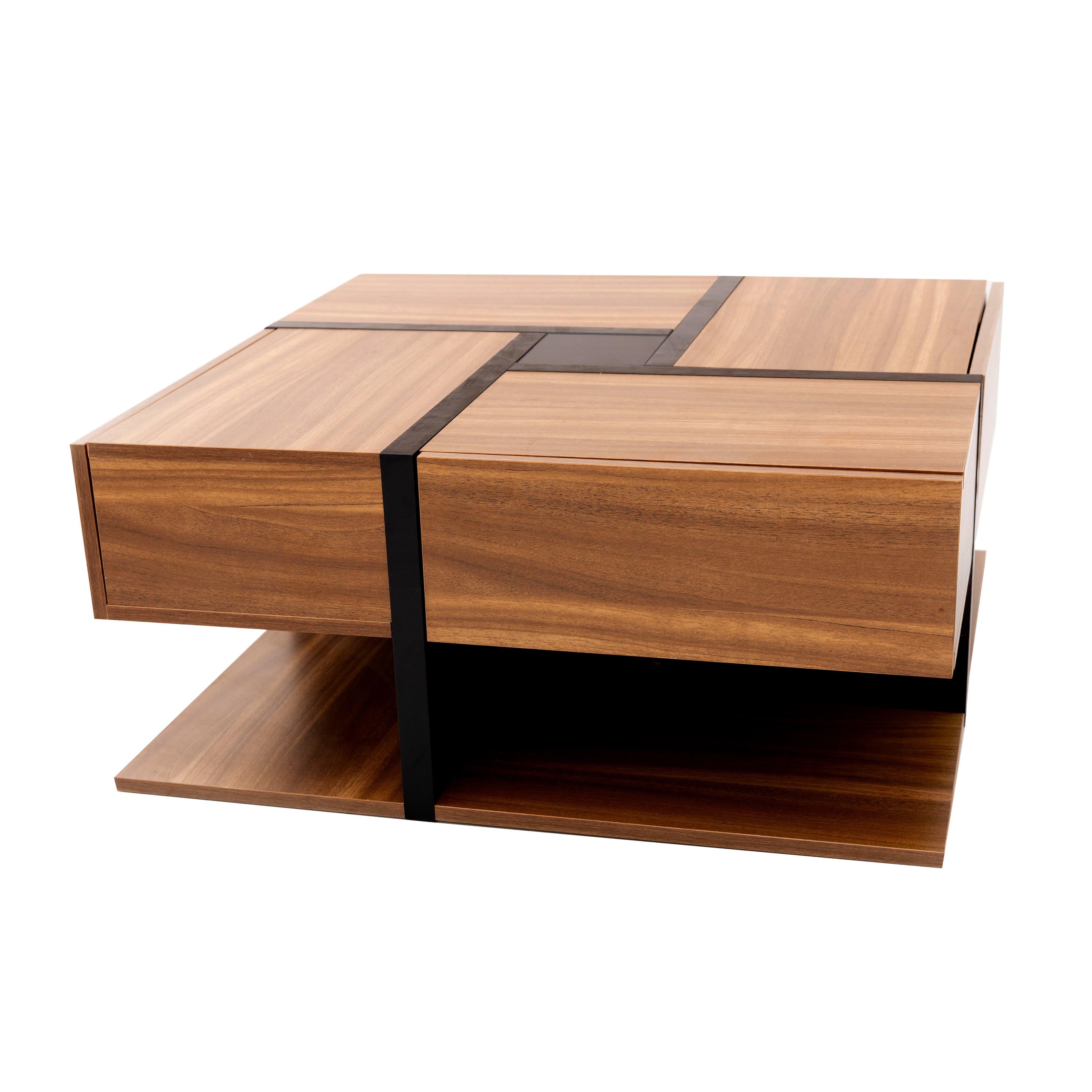 Square Coffee Table with 4 Drawers, Unique Pattern, Bottom Storage, 78L x 78W x 36H cm, Natural