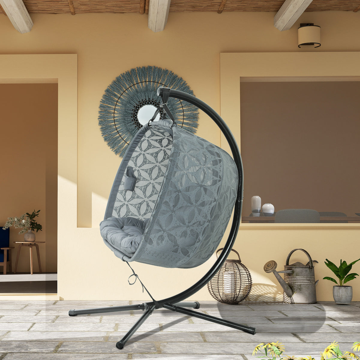 Outdoor Double Hanging Chair with Cushion and Cup Holders - Charcoal Grey