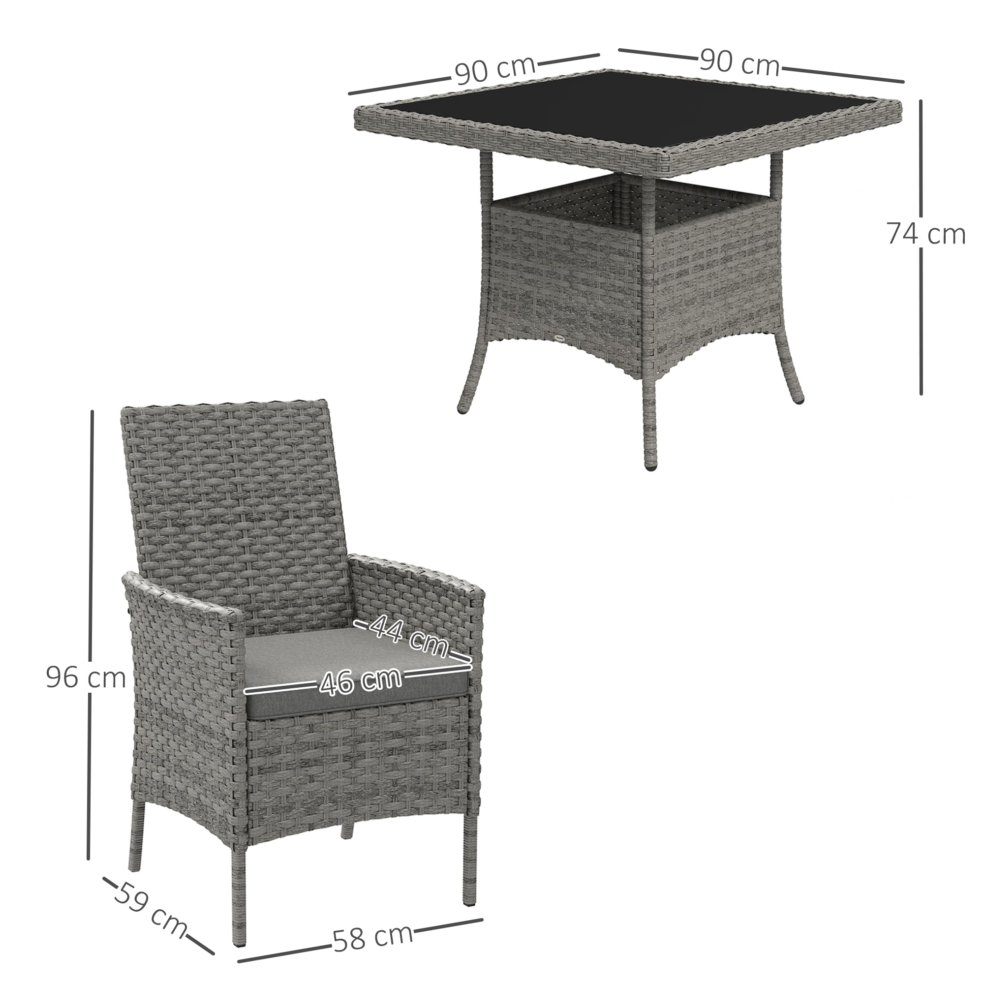 Rattan Garden Furniture Set, Outdoor Dining Table and Chairs 4 Seater with Cushions, Square Tempered Glass Top, 4 Armchairs, for Balcony, Terrace, Conservatory, Grey