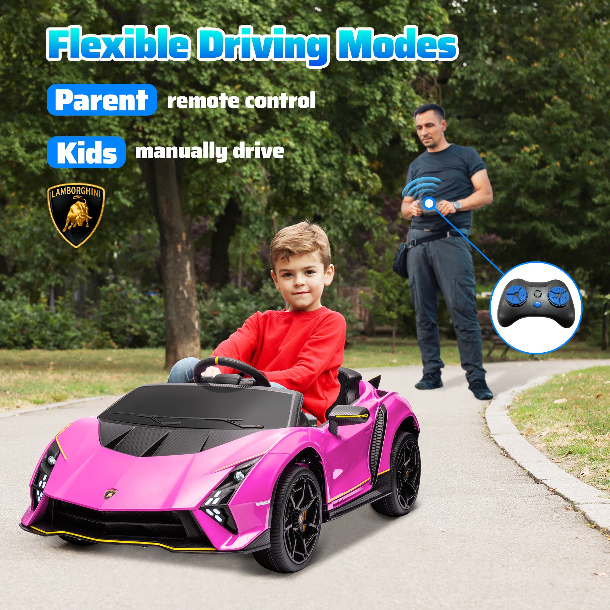 12V Lamborghini Autentica Licensed Kids Electric Car with Remote Control, Four Suspension Wheels, Soft Start, Pink