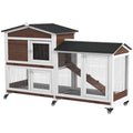 Two-Tier Wooden Pet Hutch with Wheels and Run - Brown
