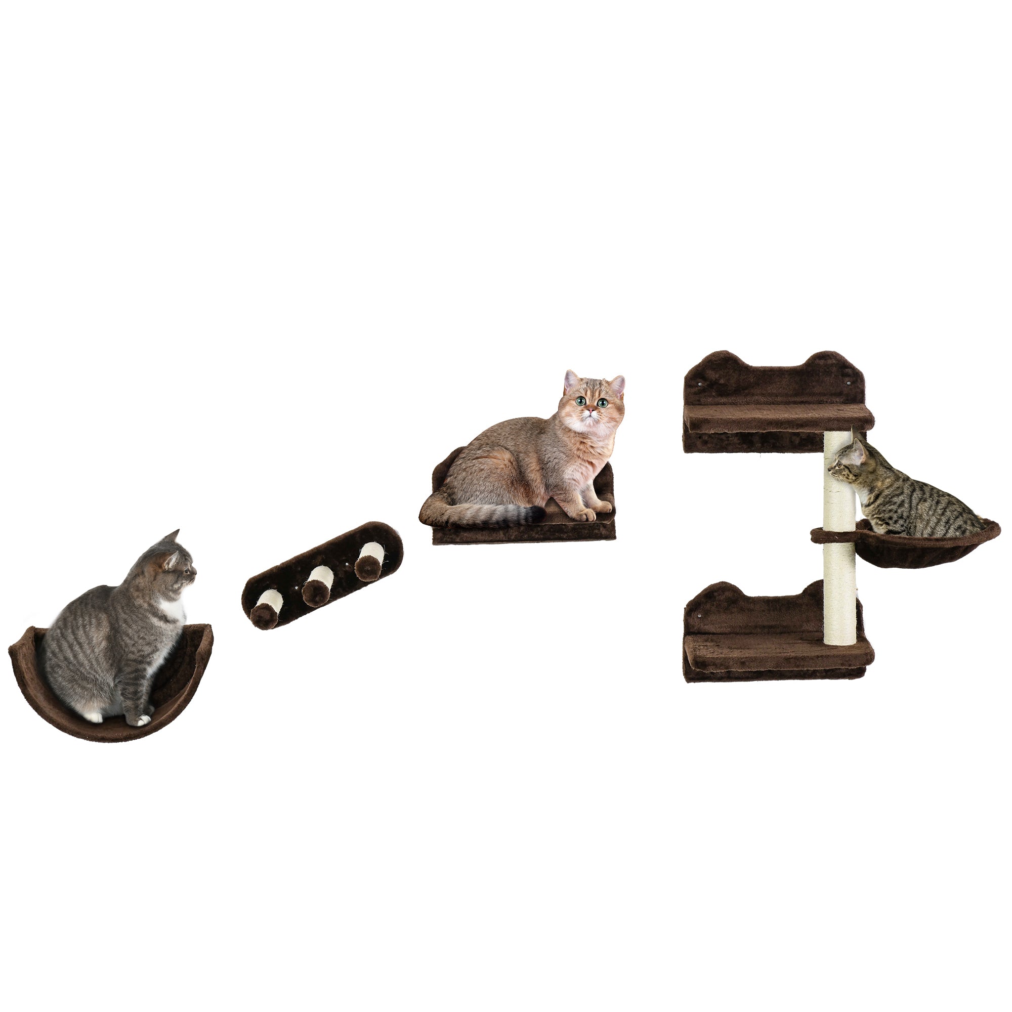 4PCs Wall-Mounted Cat Shelves w/ Scratching Post, Hammock, Nest - Brown