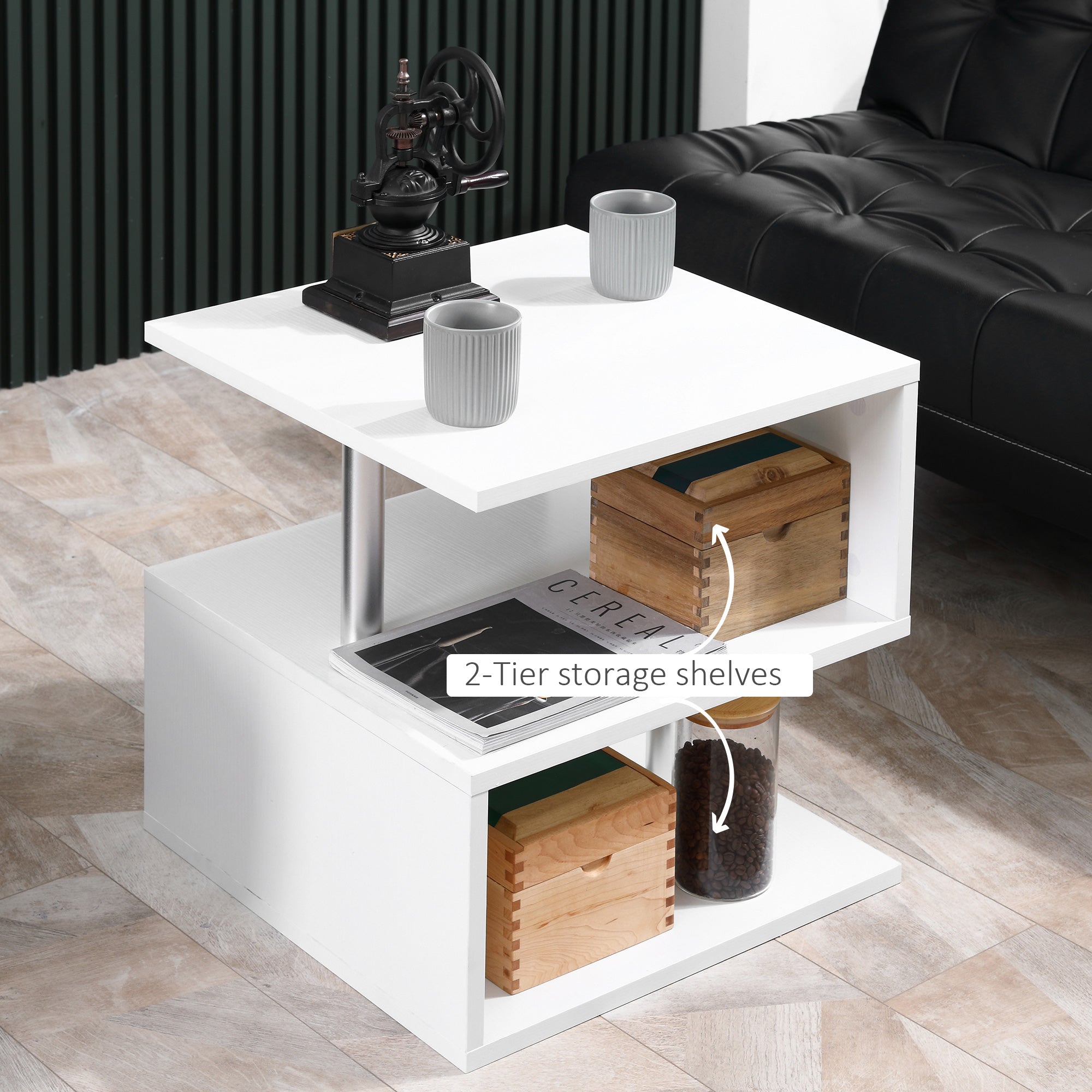 Wooden S Shape Cube Coffee Table 2 Tier Storage Shelves Organizer Office Bookcase Living Room End Desk Stand Display Set of 2 (White)