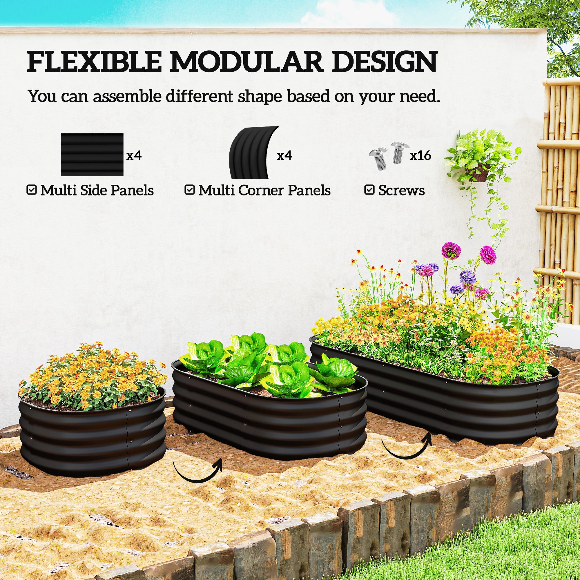 Galvanised Raised Garden Bed, Metal Planter Box with Safety Edging, for Flowers, Herbs, Succulents, Black