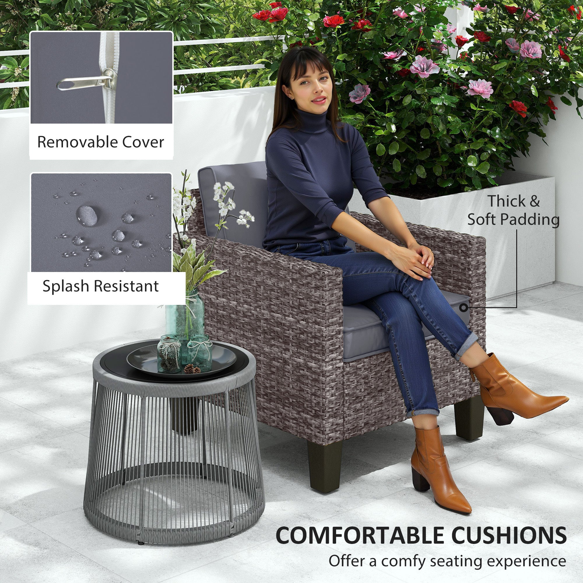 Single Rattan Armchair with Removable Cushions - Mixed Grey