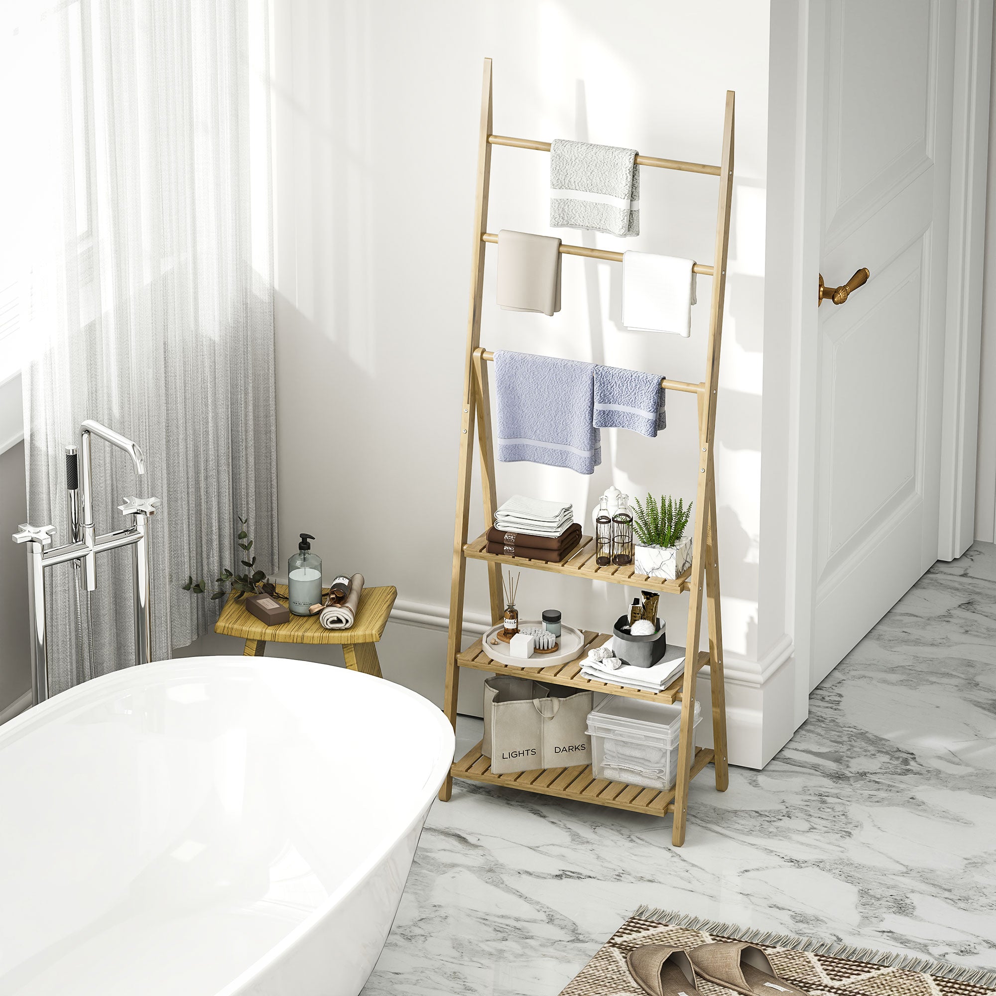 Three-Shelf Bamboo Storage Unit, with Towel Racks - Natural Finish