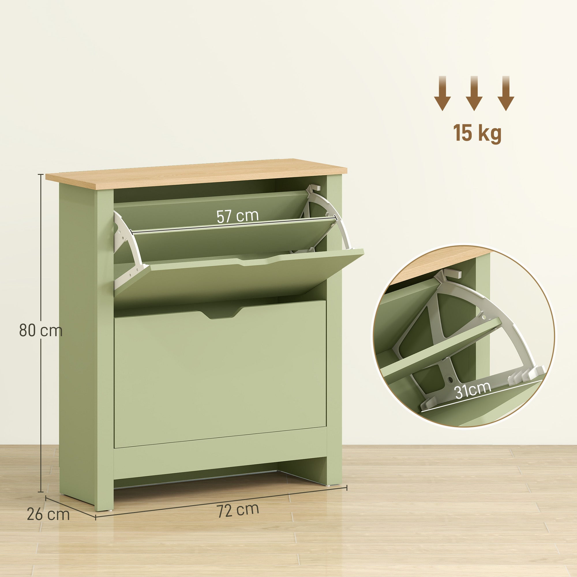 Slim Shoe Cabinet, Narrow Shoe Cupboard with 2 Flip Drawers, Adjustable Shelves for 12 Pairs of Shoes, Green