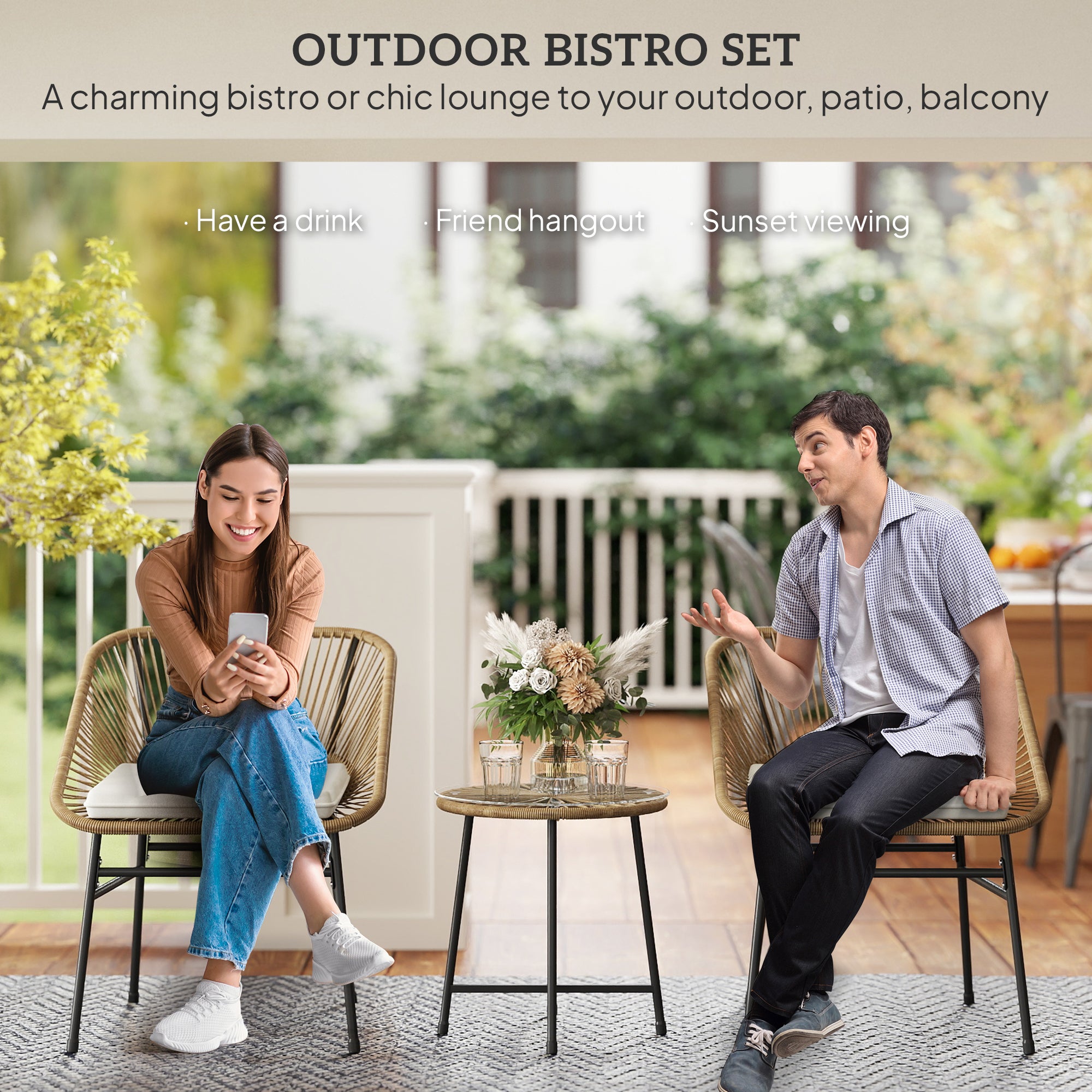 3 Pieces Rattan Bistro Set with Cushions and Glass Top Table for Outdoor Patio Balcony - Natural