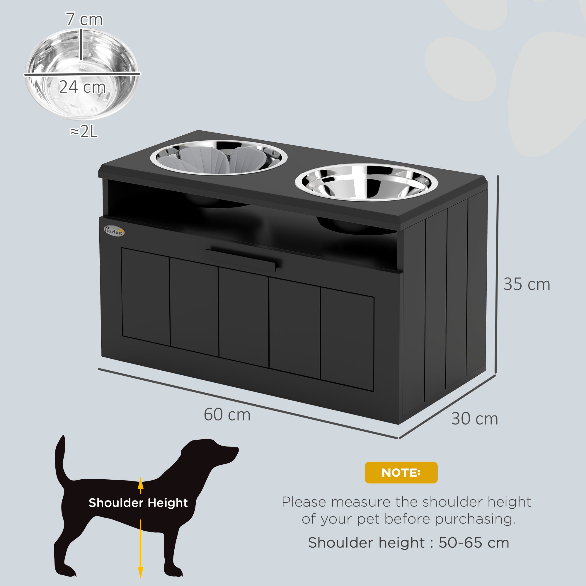 Raised Slow Feeder Dog Bowl with Two Stainless Steel Bowls and Drawer for Large & Extra Large Dogs - Black