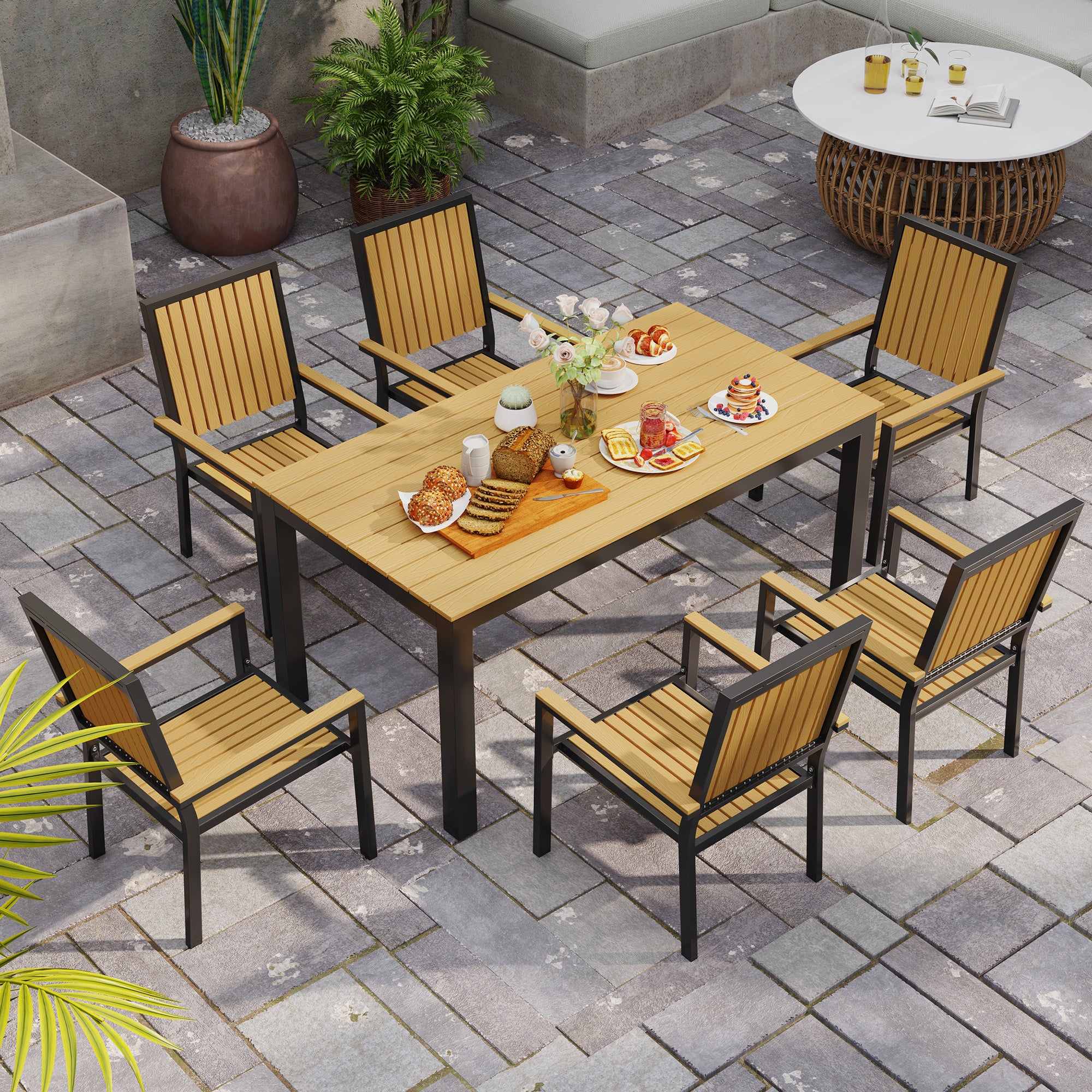 6 Seater Garden Dining Set with Stackable Chairs - Aluminium Frame and Weather-Resistant Wood Plastic Top