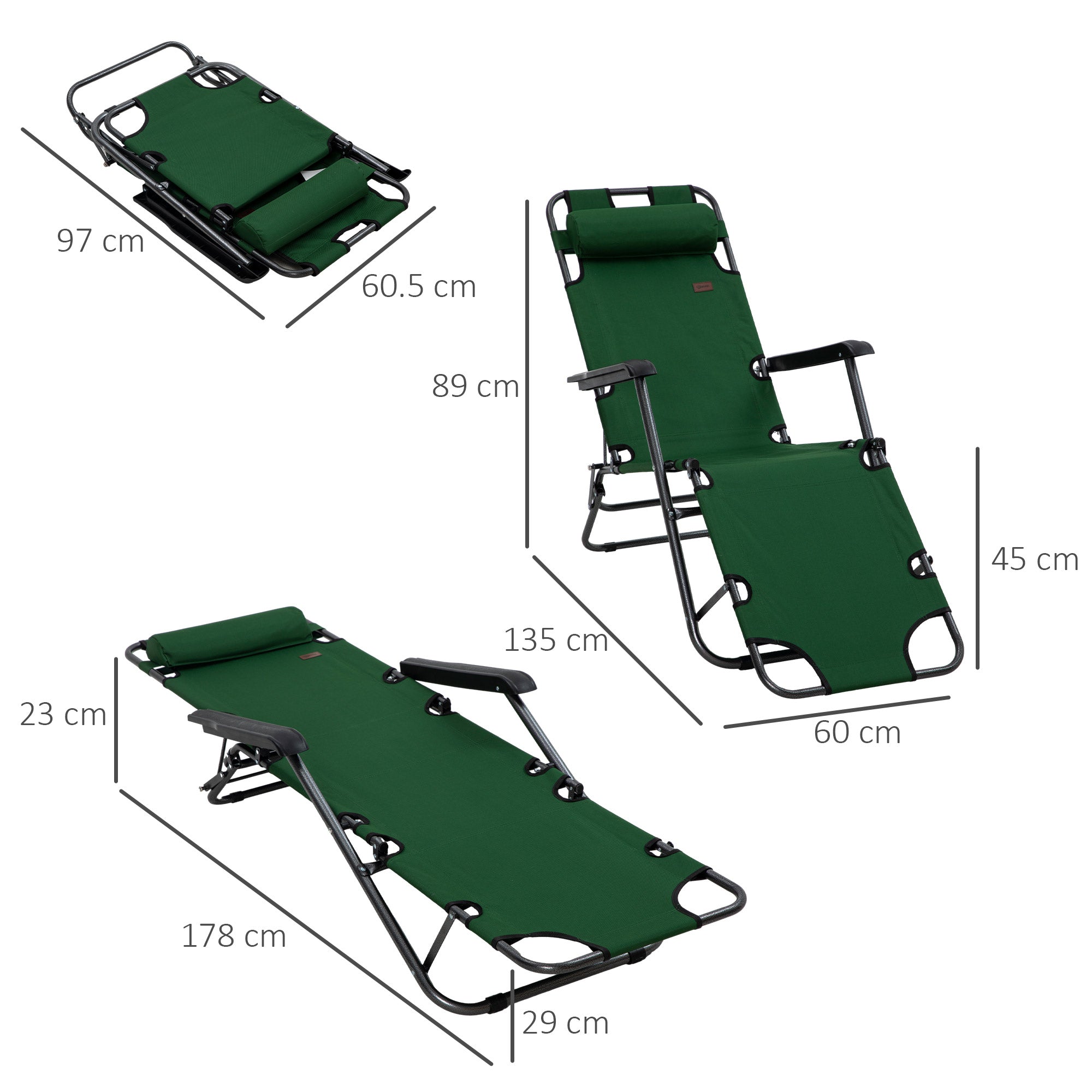 2 Pack 2 in 1 Sun Lounger Folding Reclining Chairs Garden Outdoor Camping Adjustable Back with Pillow, Green