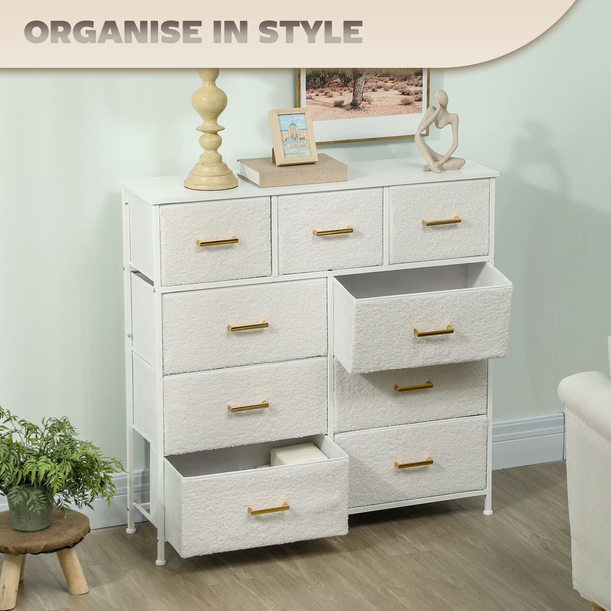 Chest of Drawers with 9 Fabric Drawers, Boucle Storage Organiser with Steel Frame, Fabric Dresser for Bedroom, Living Room, Hallway, Cream White