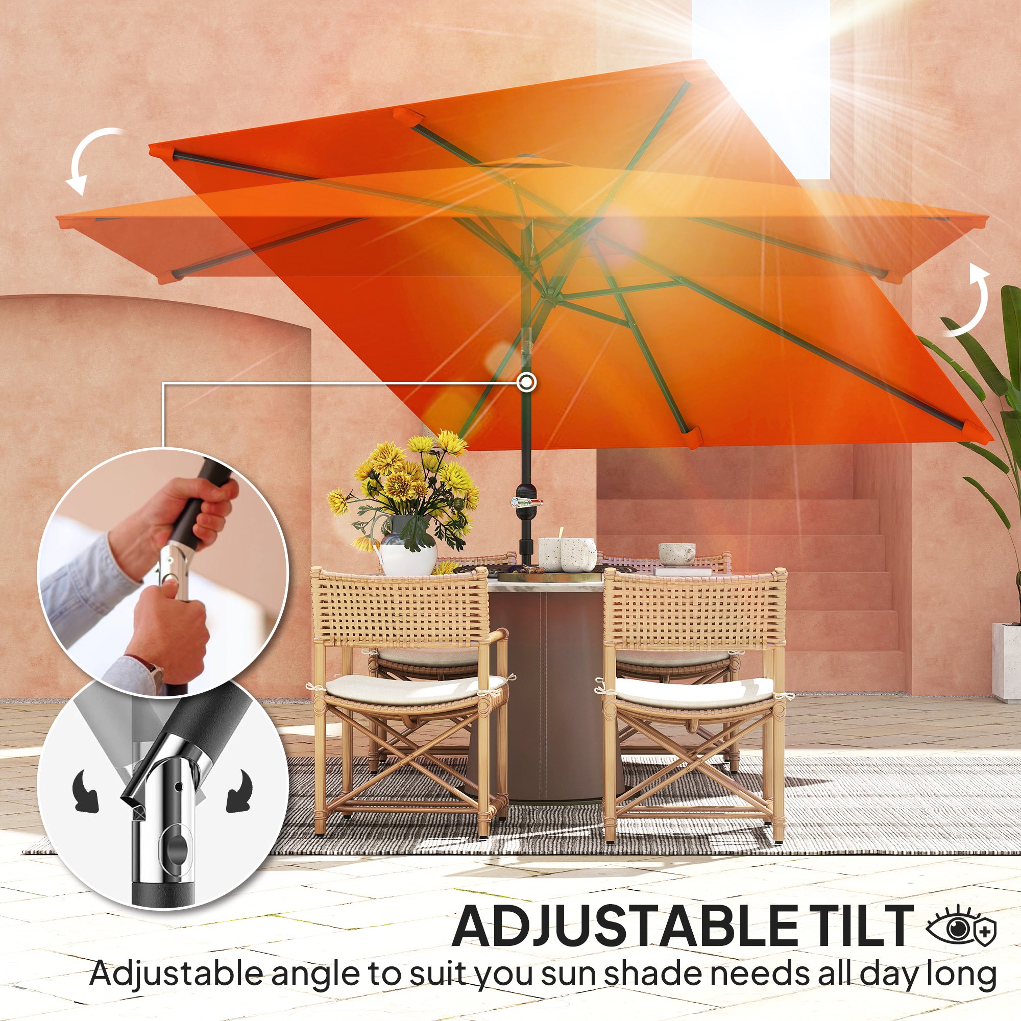 3x2m Rectangular Patio Parasol with Aluminium Tilt Crank - Orange