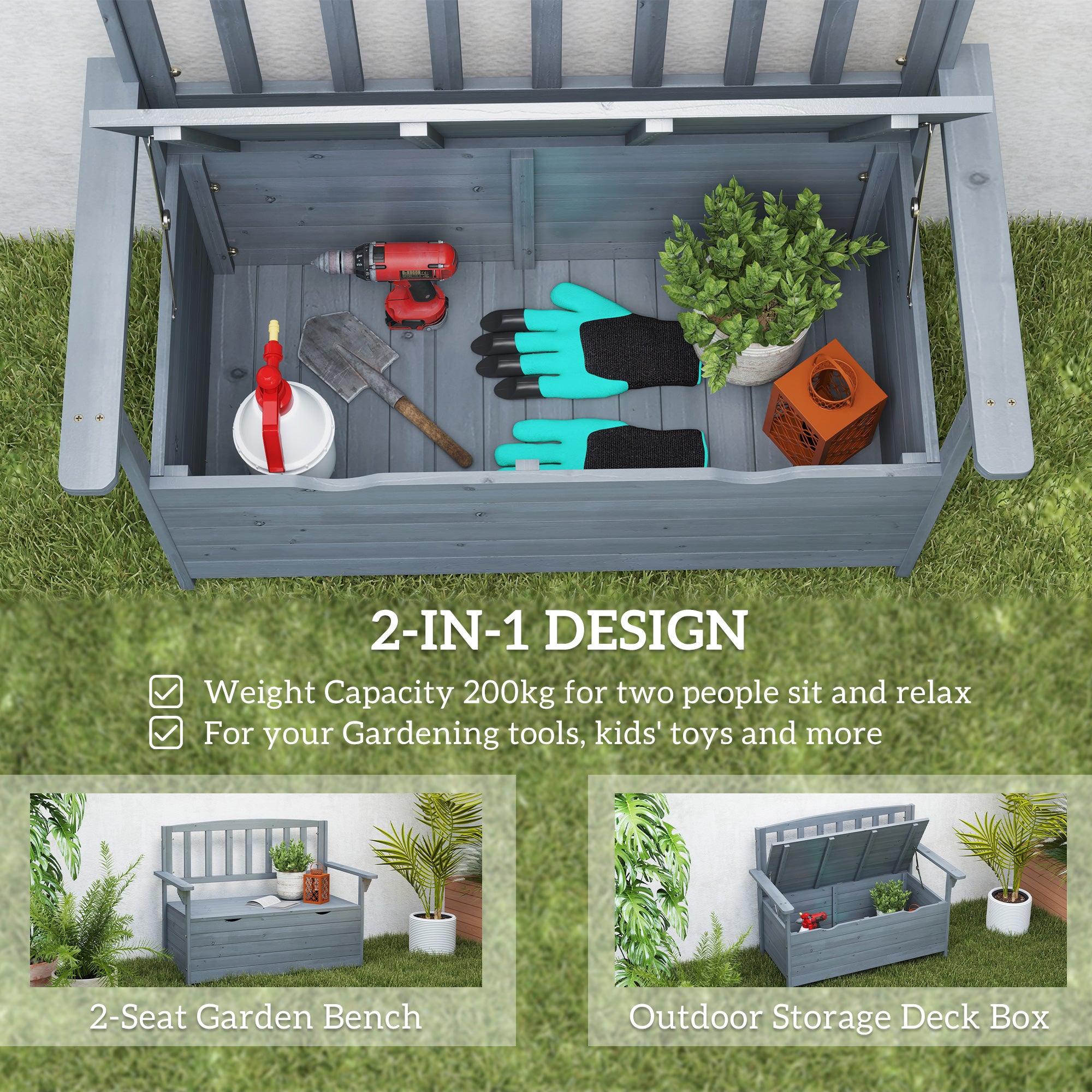 Two-Seater Garden Storage Bench - Grey