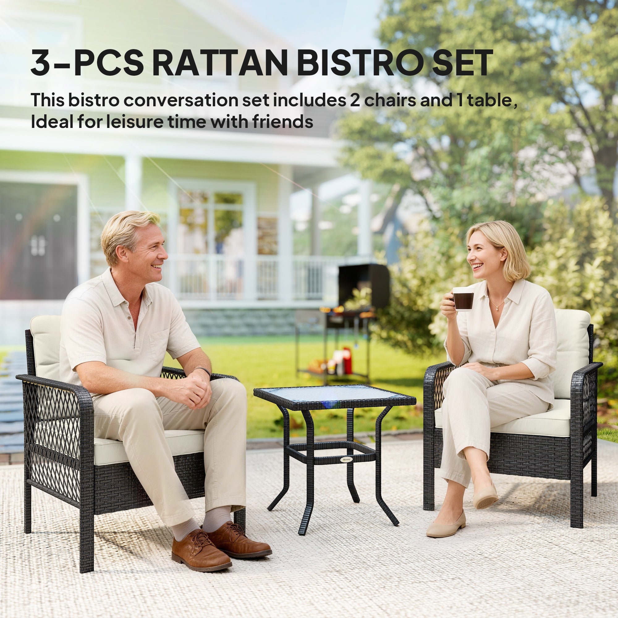 3 Pieces Rattan Bistro Set with Glass Top Coffee Table, Chairs and Cushions for Outdoor, Patio, Balcony, Cream