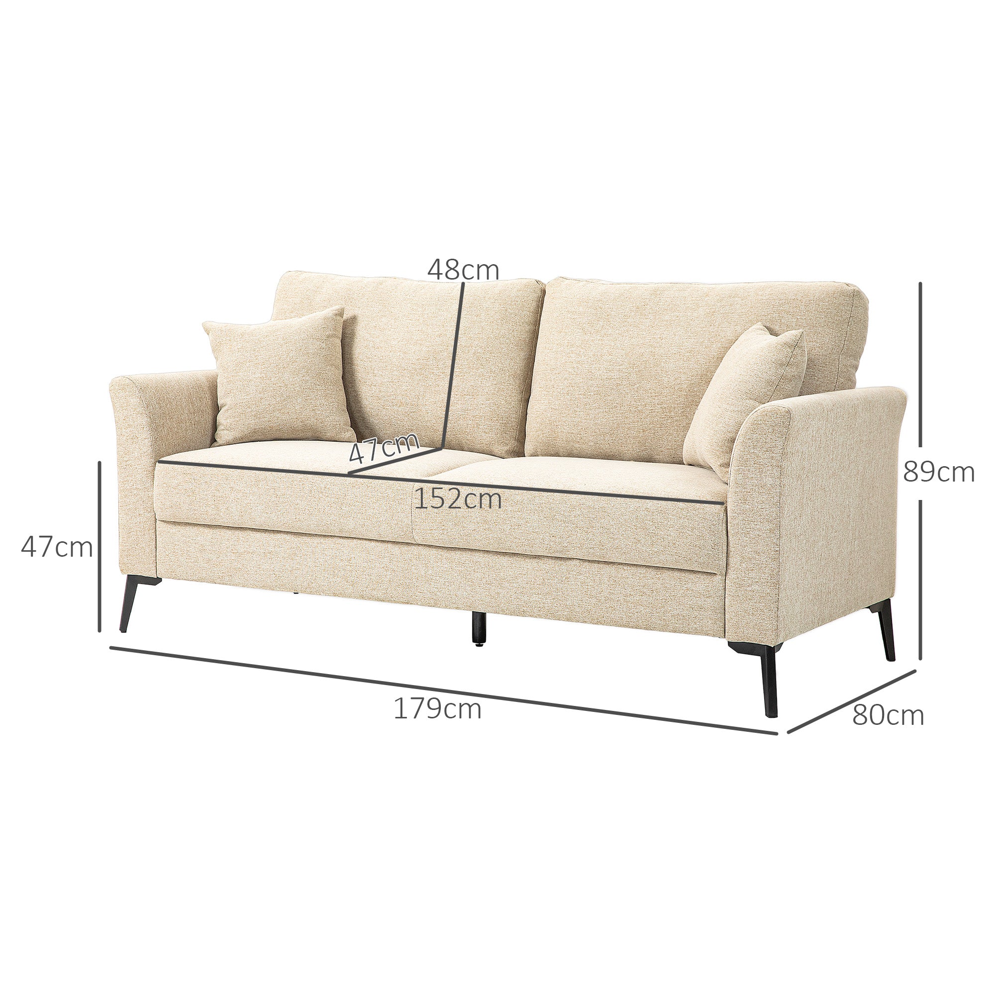 Modern 2 Seater Sofa, Linen Fabric Upholstered Loveseat Sofa with Metal Legs, Wood Frame and Padded Cushion for Living Room Bedroom Office, Beige