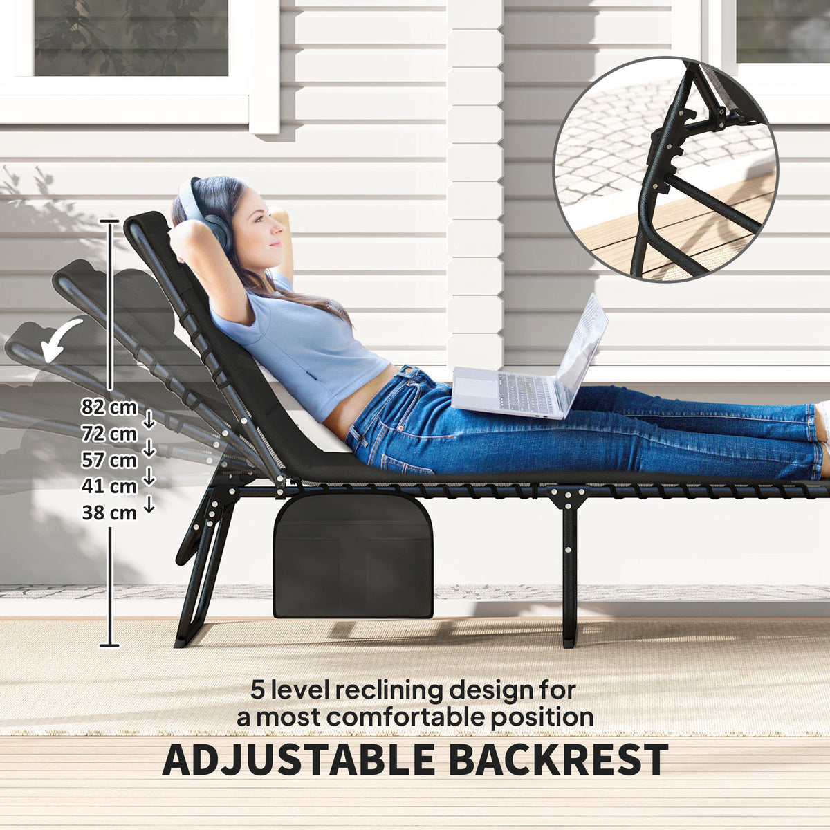 Set of 2 Folding Recliner Sun Loungers with Quick Drying Pad & Side Pocket - Black