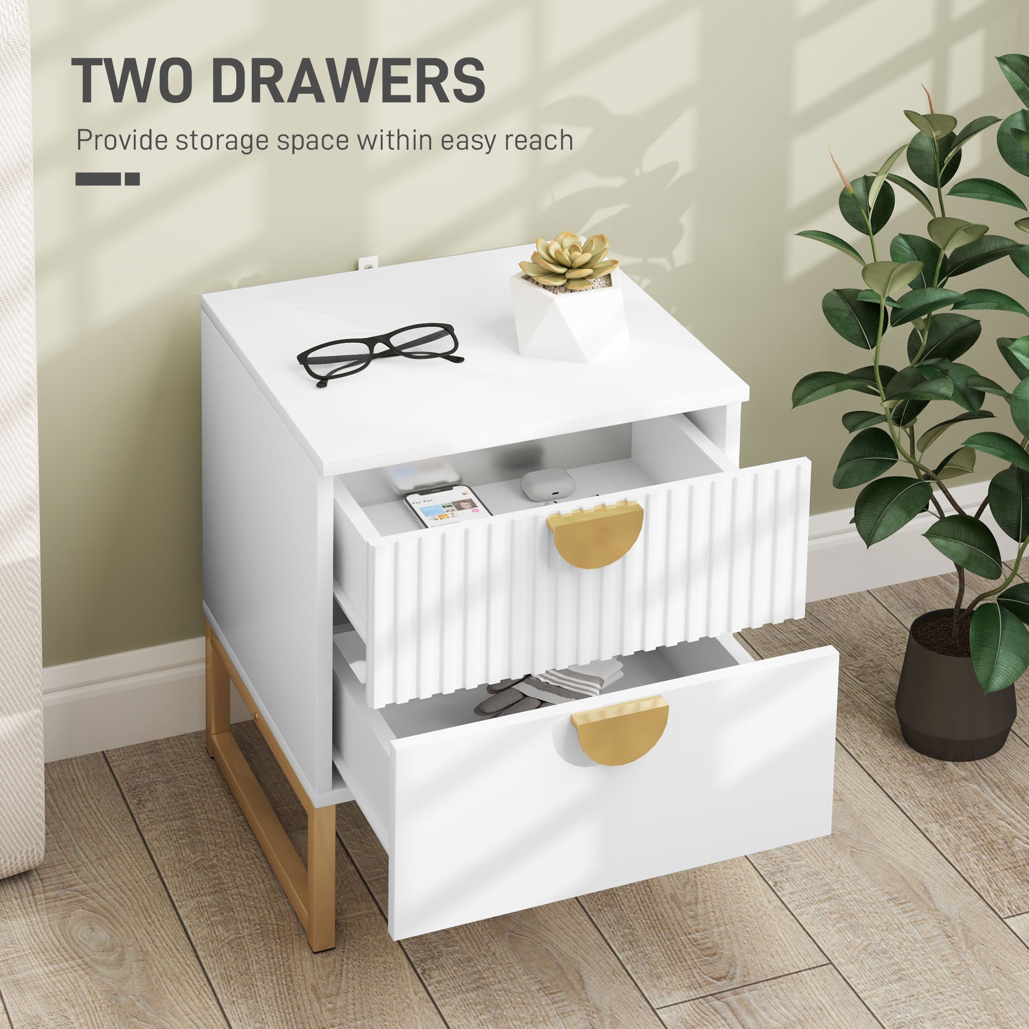 Elegant Two-Drawer Bedside Table with Gold Handles - White