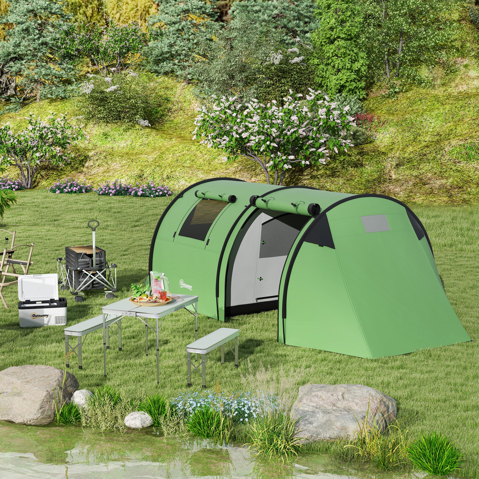 Four Man Duo Room Tunnel Tent, with Accessories - Green