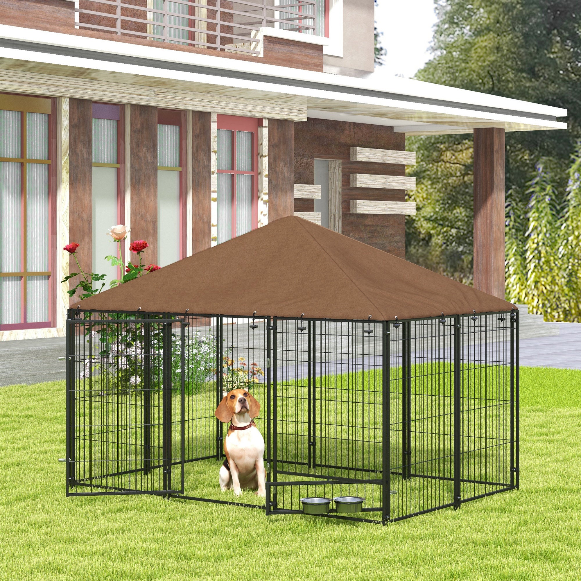 Outdoor Dog Kennel Puppy Play Pen with Canopy Garden Playpen Fence Crate Enclosure Cage Rotating Bowl 211 x 141 x 151 cm