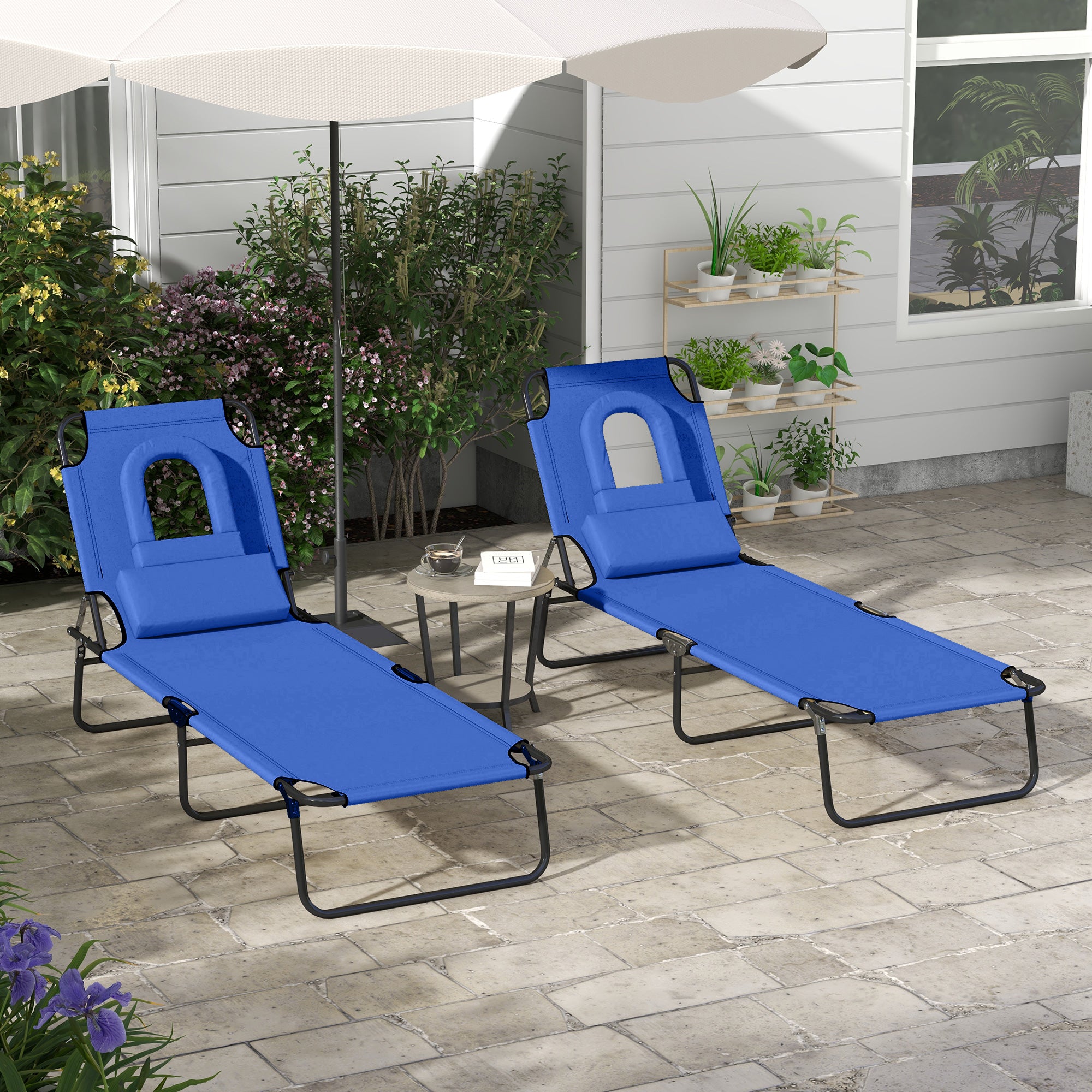 Outdoor Foldable Sun Lounger Set of 2, 4 Level Adjustable Backrest Reclining Sun Lounger Chair with Pillow and Reading Hole, Blue