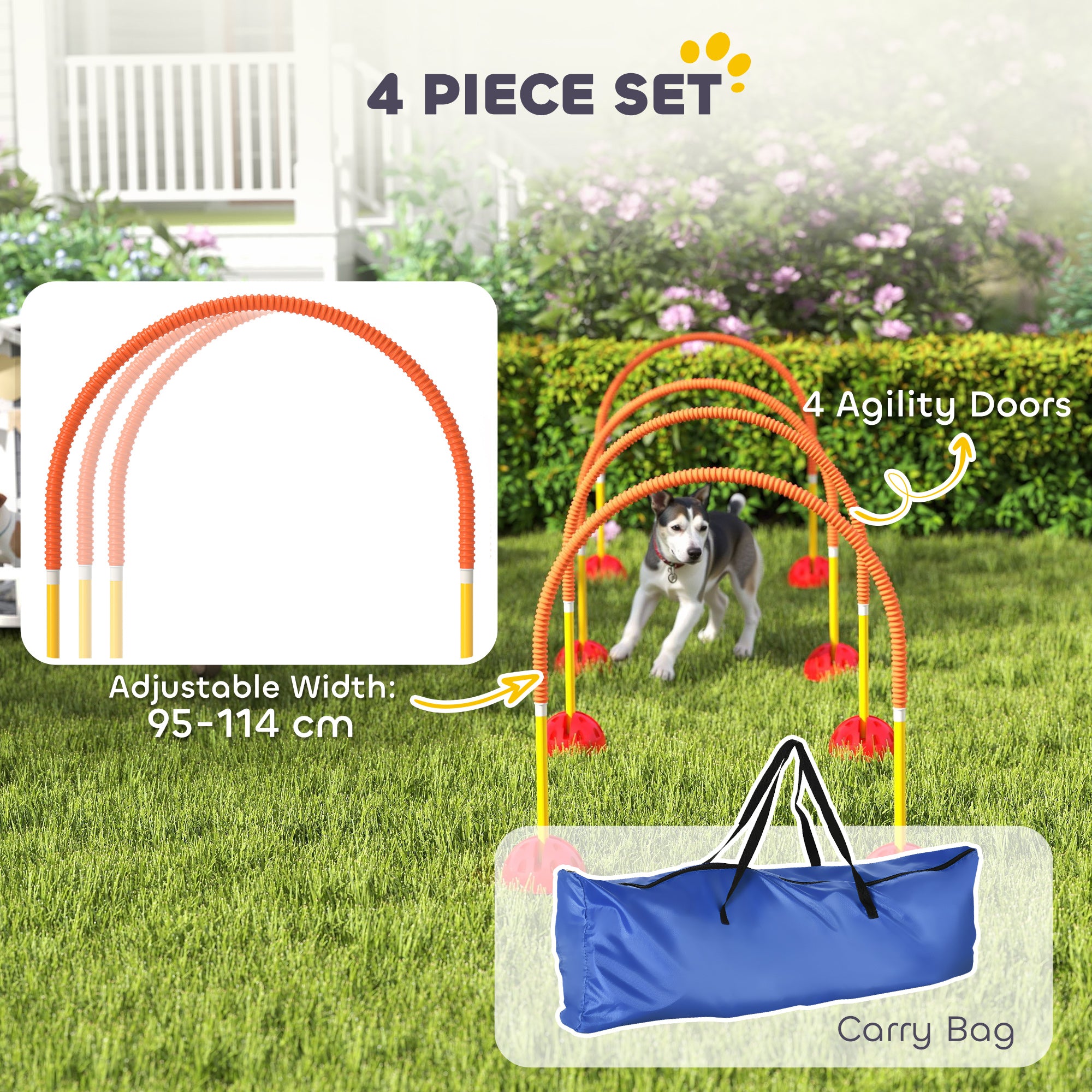 4 Piece Dog Agility Training Equipment with 4 Adjustable Width Doors, Carry Bag, for Garden, Orange