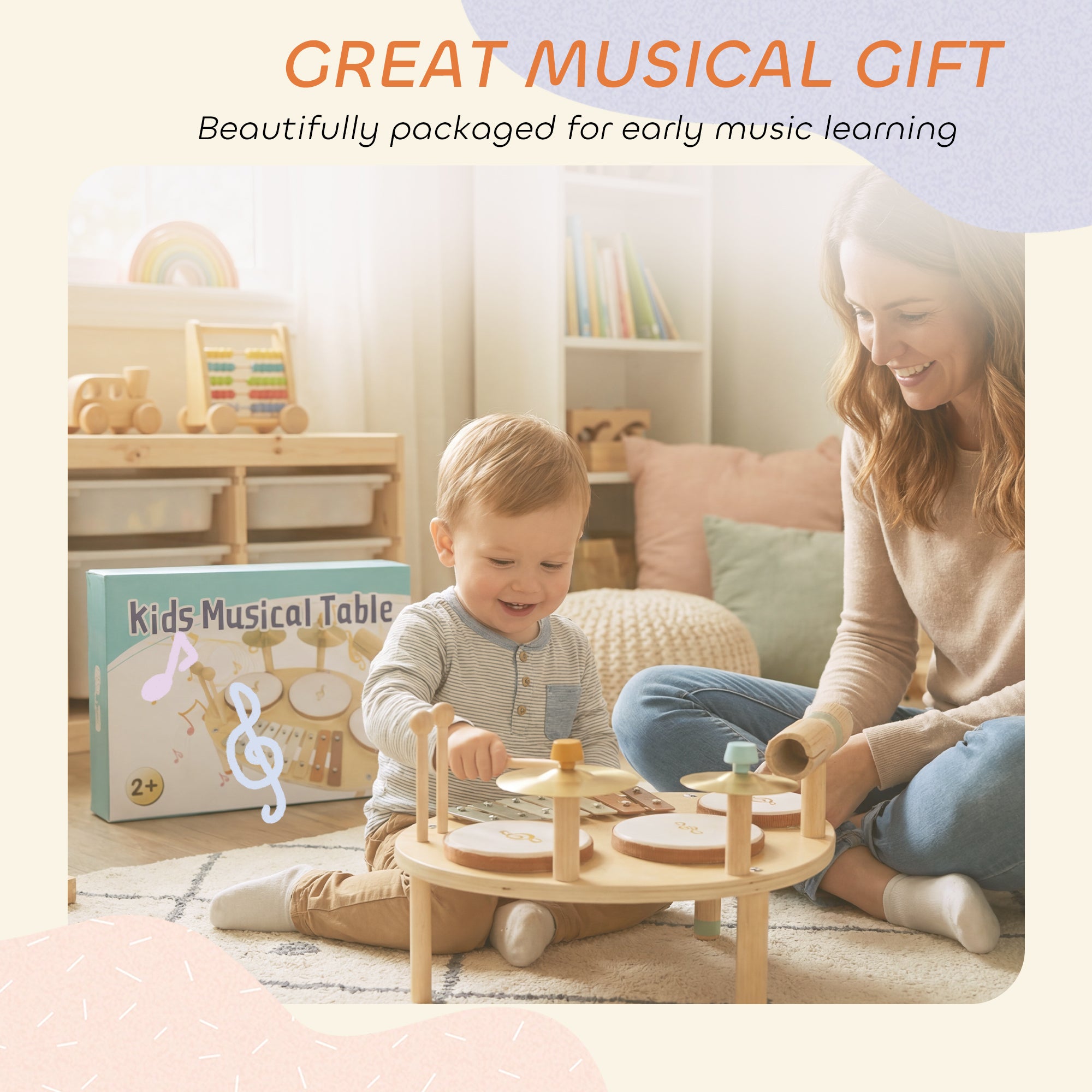 Baby Drum Kit, Wooden Kids Musical Instruments with Drums and Xylophone, Gifts for Girls Boys Birthday, Natural