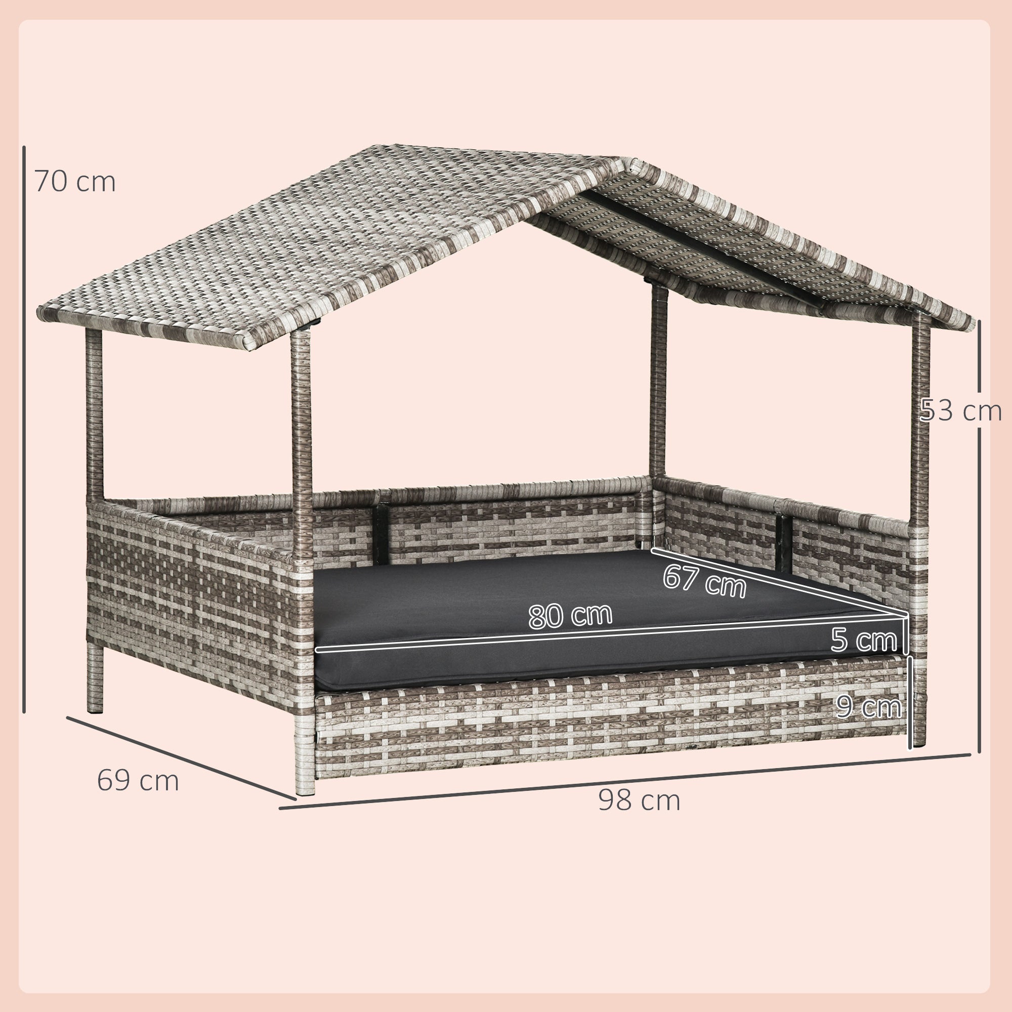 Wicker Dog House with Canopy and Removable Cushion for Small & Medium Dogs - Dark Grey