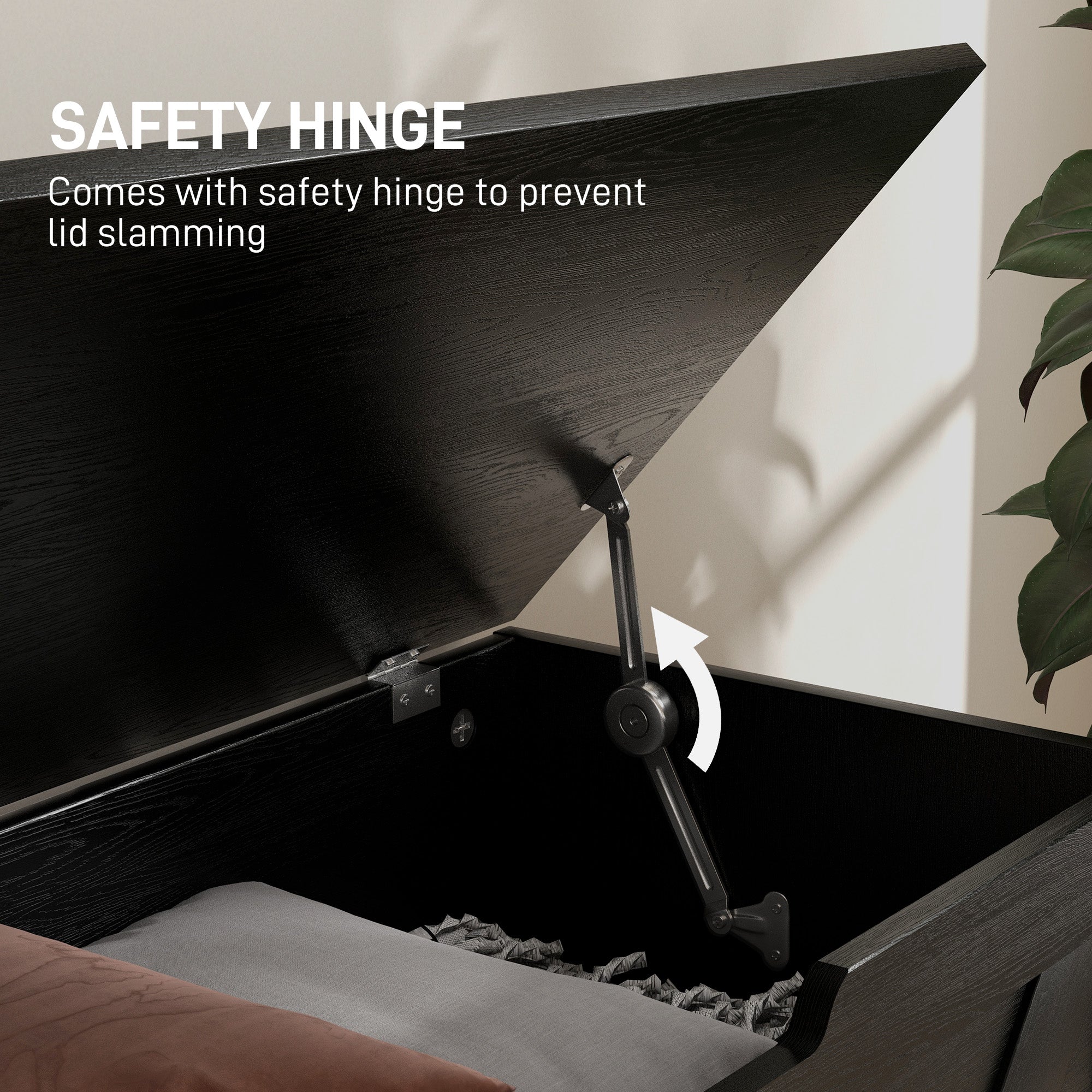 100L Home Storage Box, with Safety Hinges - Black Wood-Effect