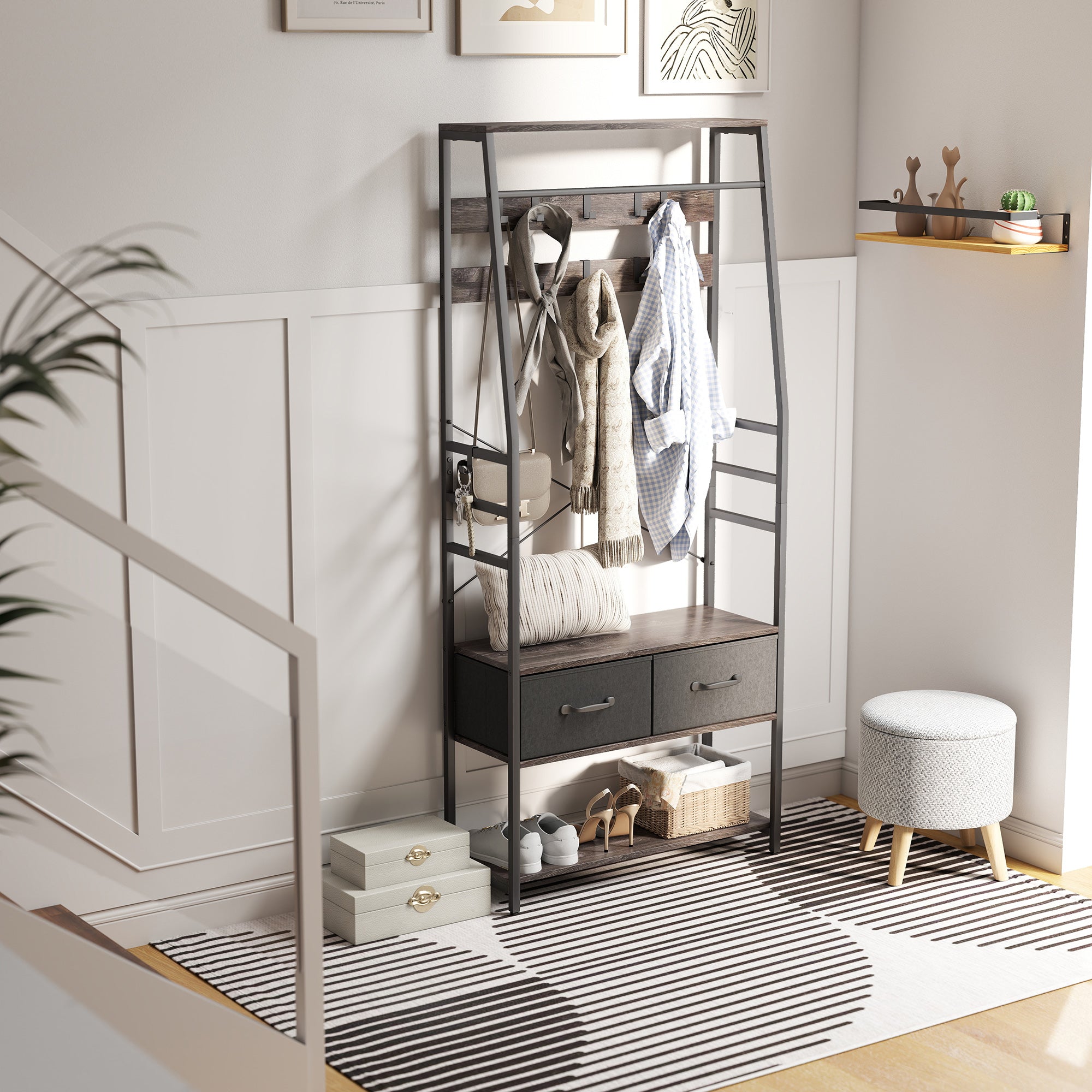 Coat Rack with Shoe Storage, Hall Tree, Industrial Coat Stand with Shoe Bench, 10 Removable Hooks, 2 Fabric Drawers and Clothes Rail for Entryway, Hallway, Grey