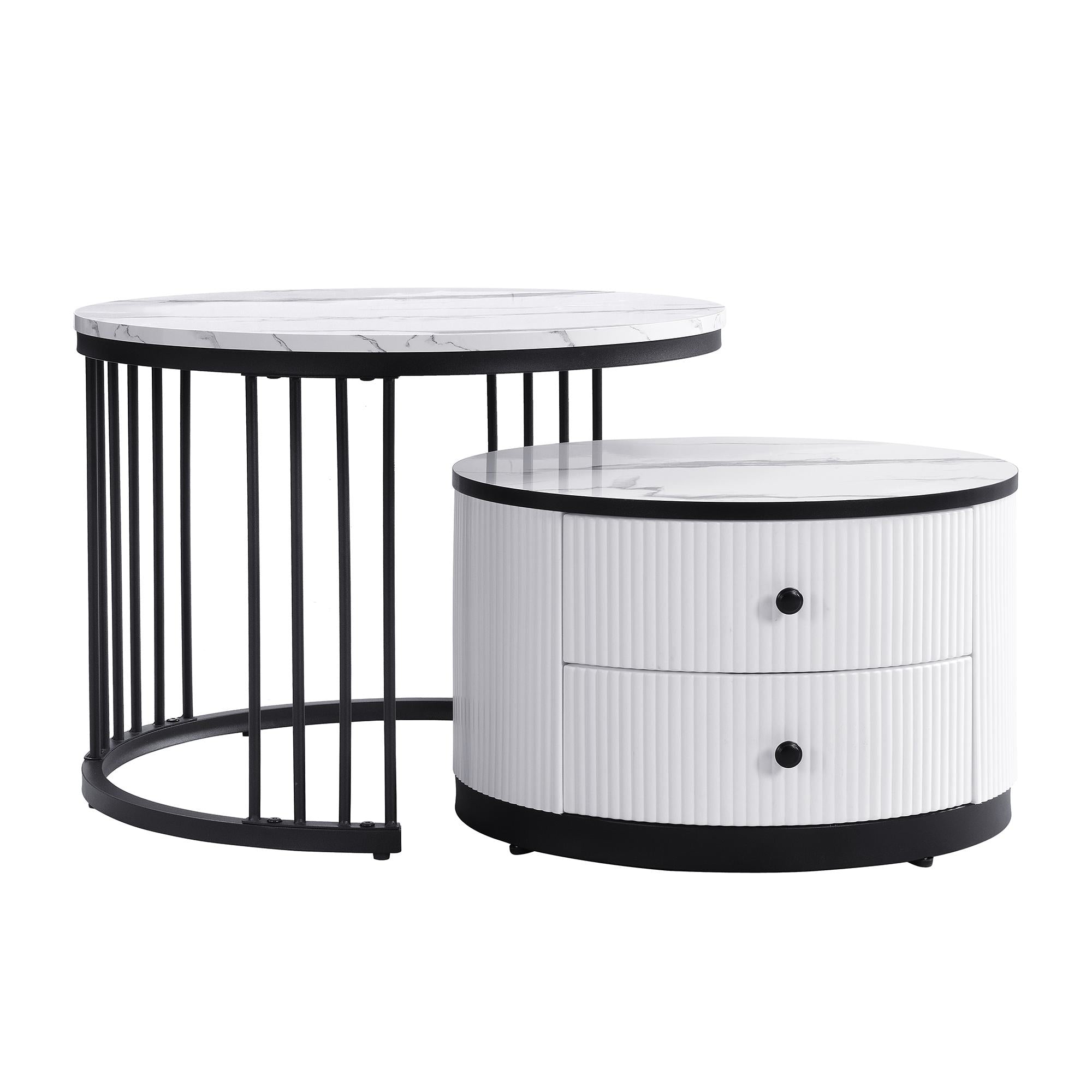 High Gloss Round Nesting Coffee Table Set with Marble Pattern Top and Storage Drawers, Modern Centre Table for Living Room, White+Black
