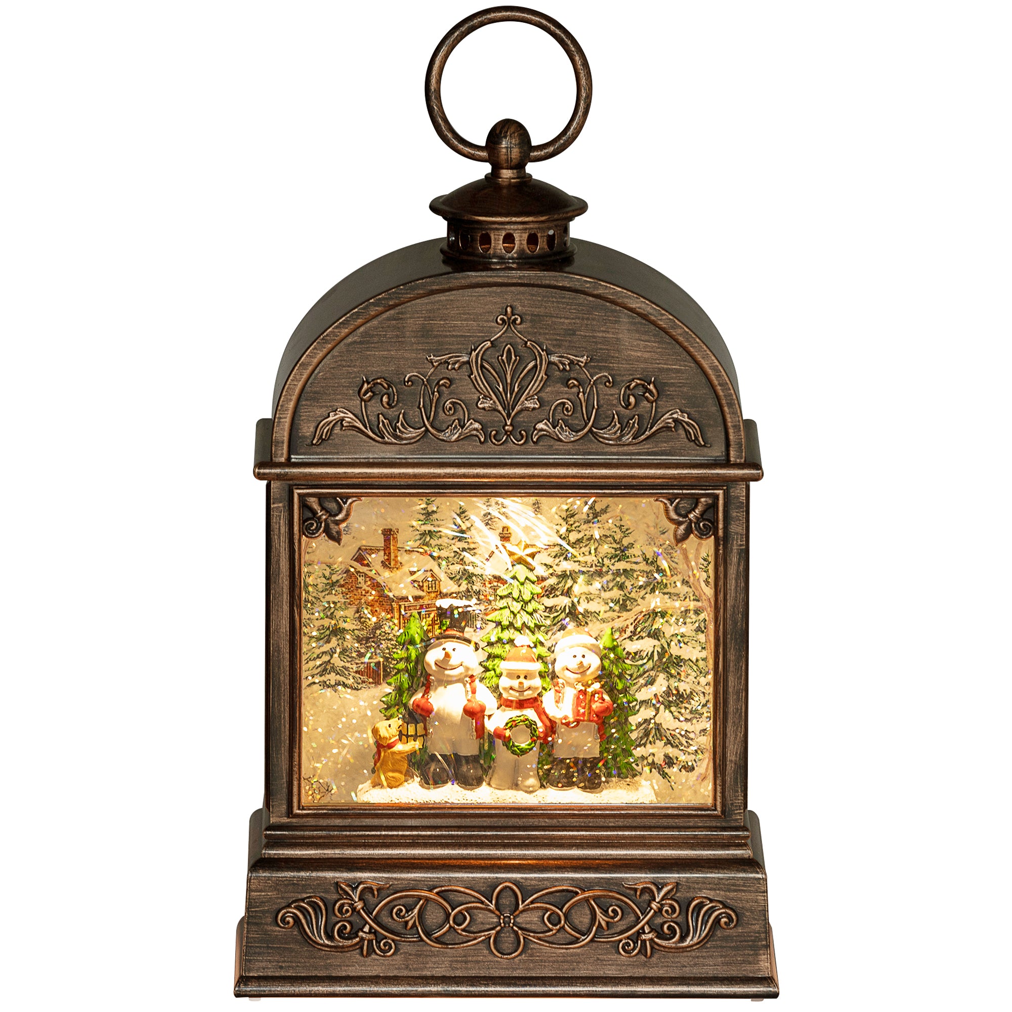 Christmas Snow Globe Lantern with Lights and Music, Snow Globe with Swirling Glitter, Battery Operated Musical Christmas Decoration for Holiday Party Gift, Bronze Tone