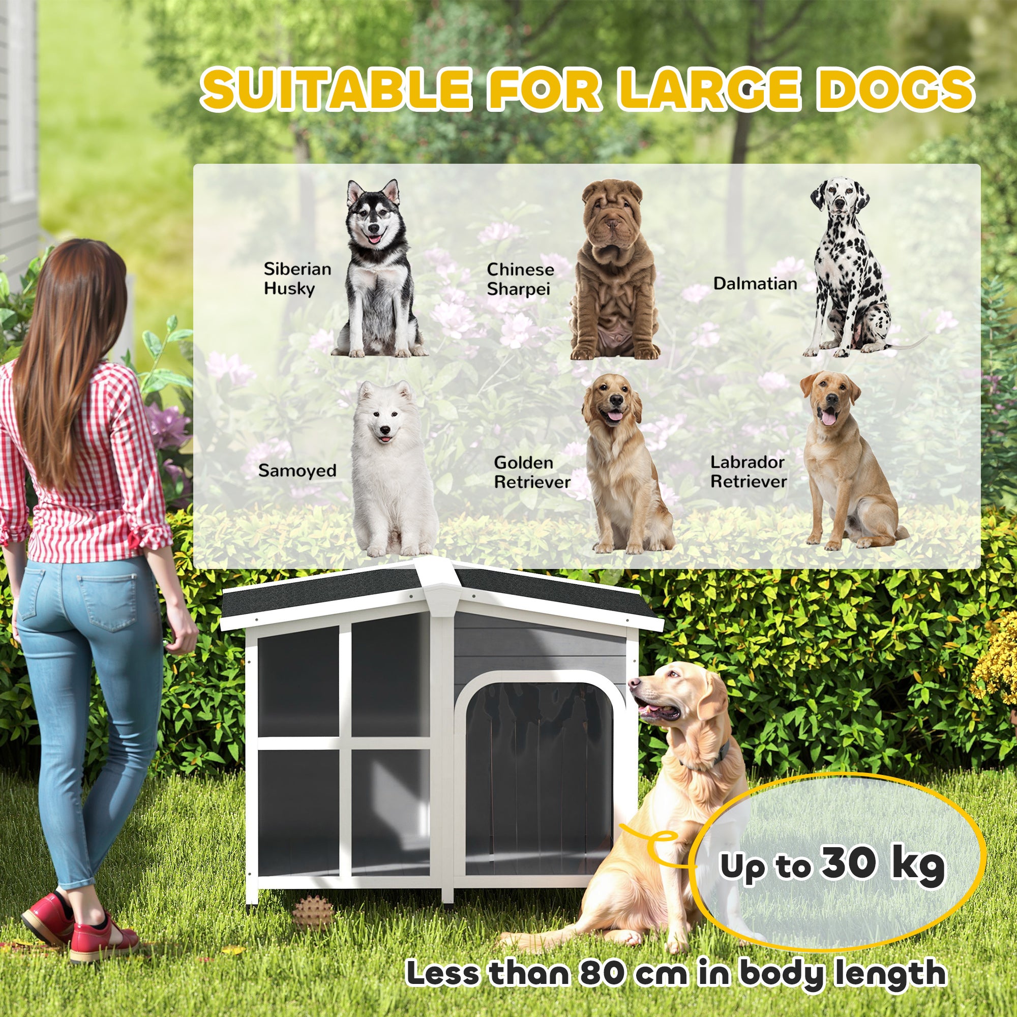 Wooden Dog Kennel with Removable Floor, Asphalt and Openable Roof, Giant Window for Large Dogs, Charcoal Grey