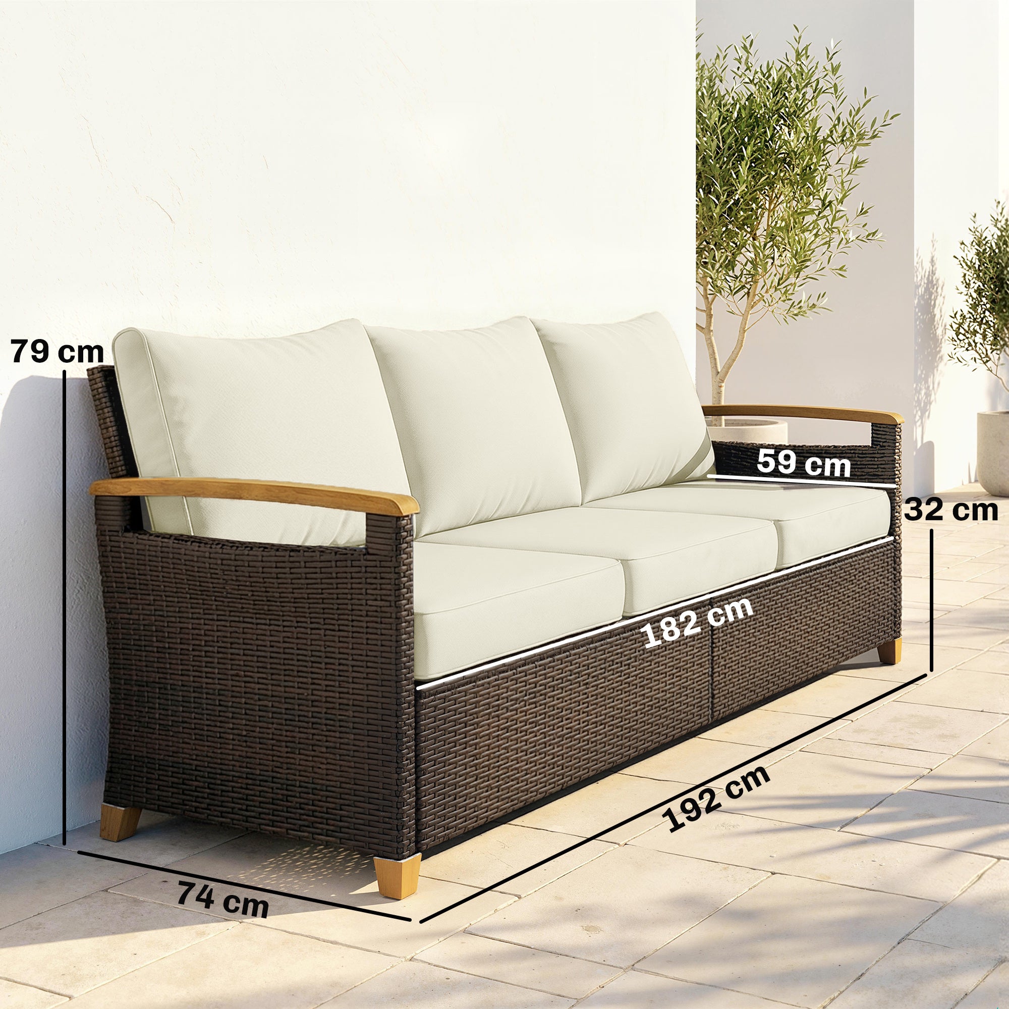 3 Seater Rattan Garden Sofa, PE Wicker Outdoor Sofa Wide Deep Seat, 4" Cushions, Wood-Effect Armrests Legs, Brown