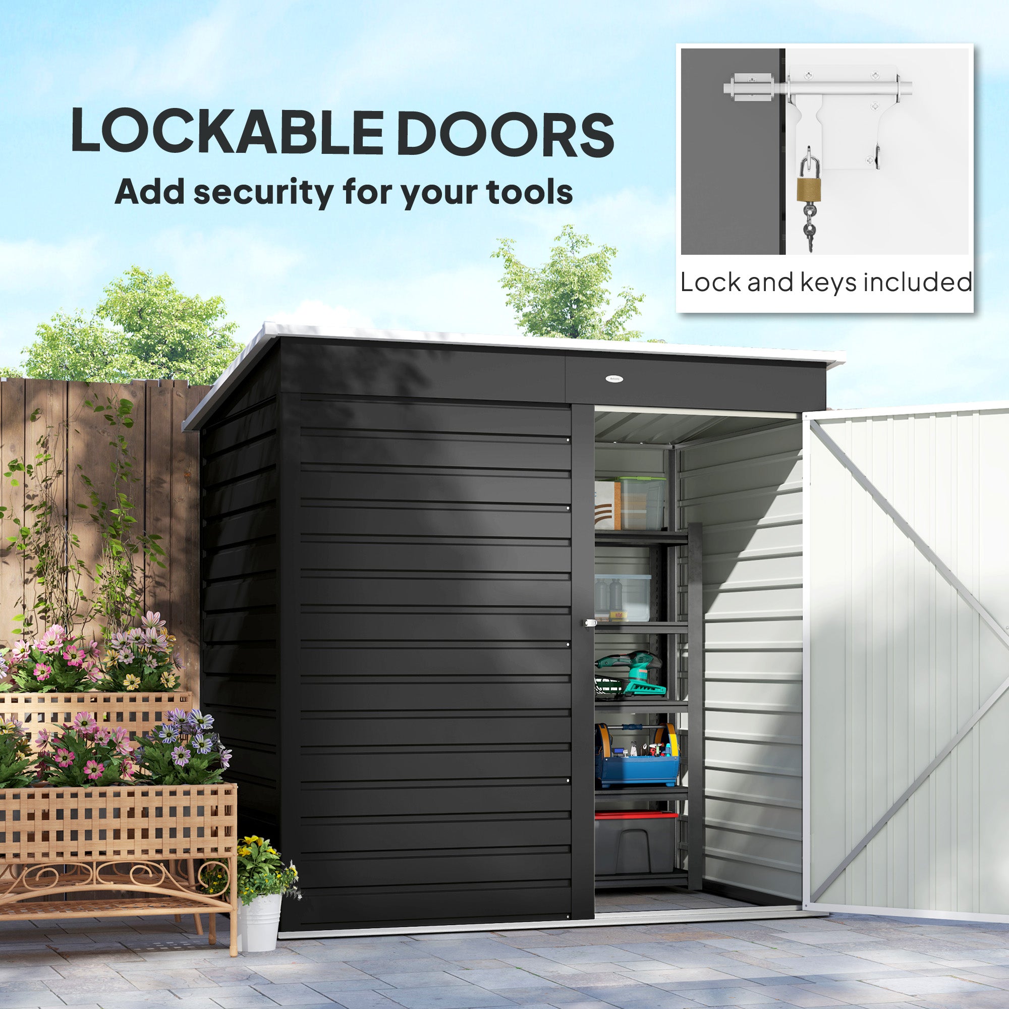 6 x 4ft Metal Garden Storage Shed with Lockable Door - Dark Grey