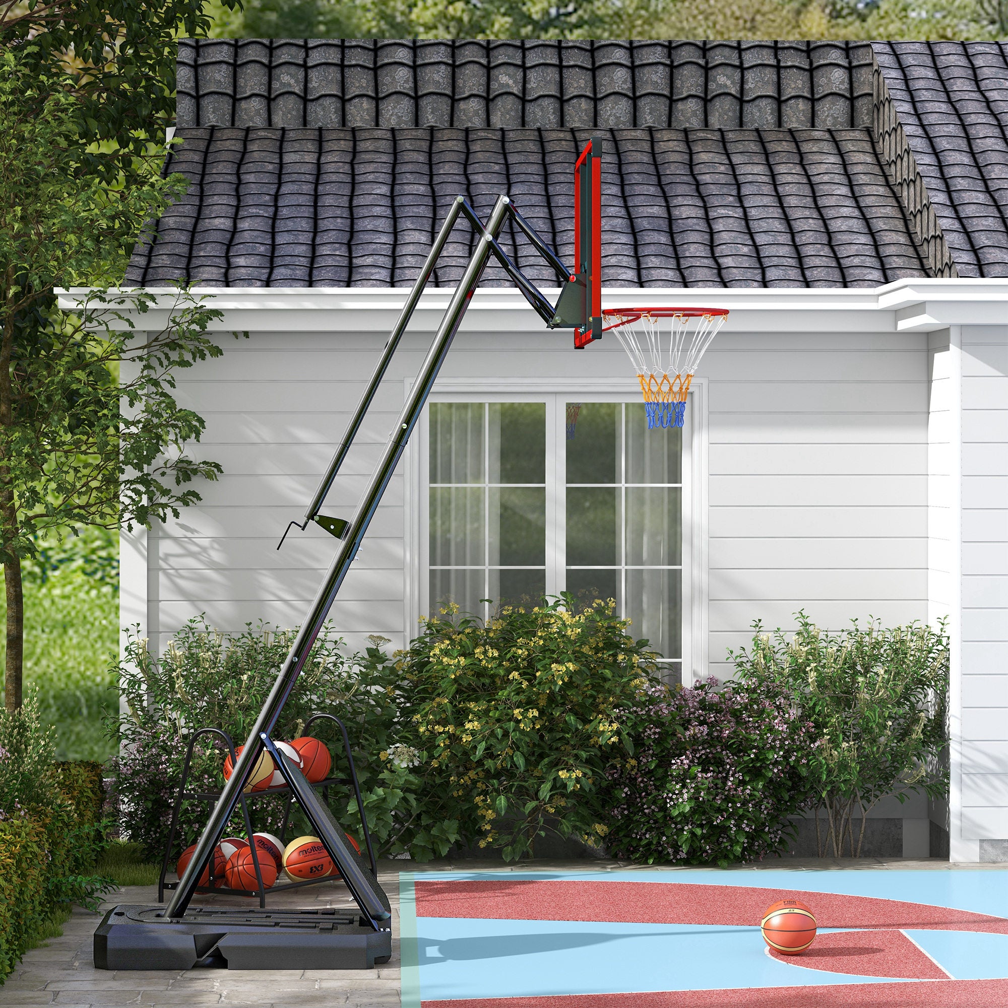 2.4-2.9m Adjustable Basketball Hoop and Stand with Weighted Base, Portable on Wheels, Red