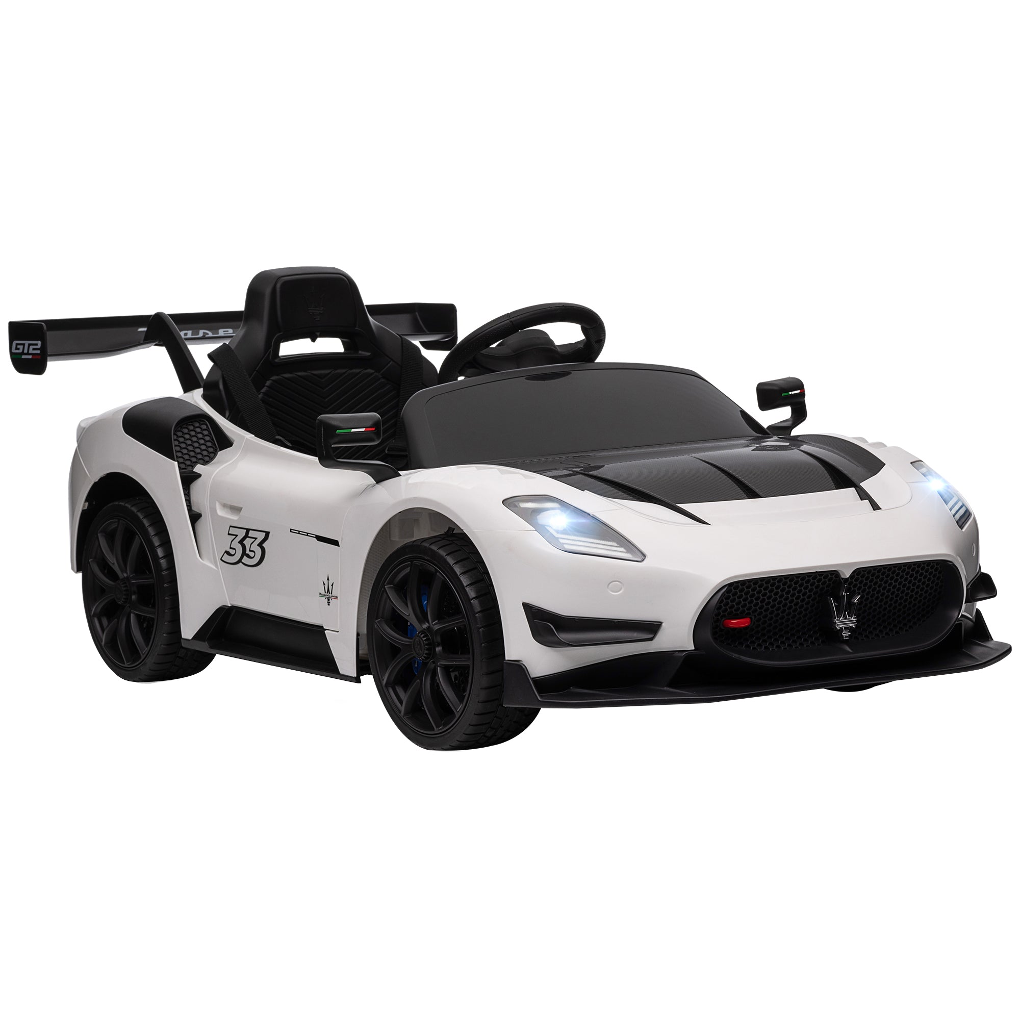 Maserati GT2 Licensed 12V Kids Electric Ride on Car with 4 Suspension, Remote Control Music Horn Lights - White