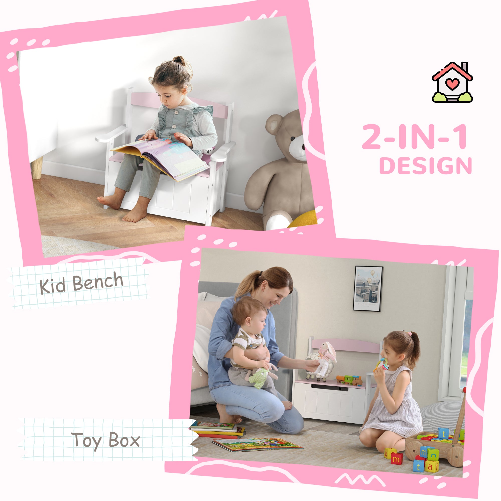 2-in-1 Toy Box for Kids with Lid for Bedroom, Nursery, Playroom, Pink