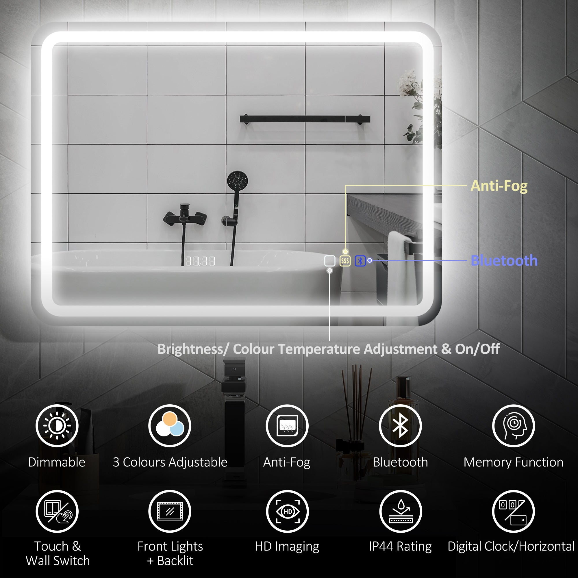 80 x 60 cm Bluetooth Bathroom Mirror - Silver-Tone