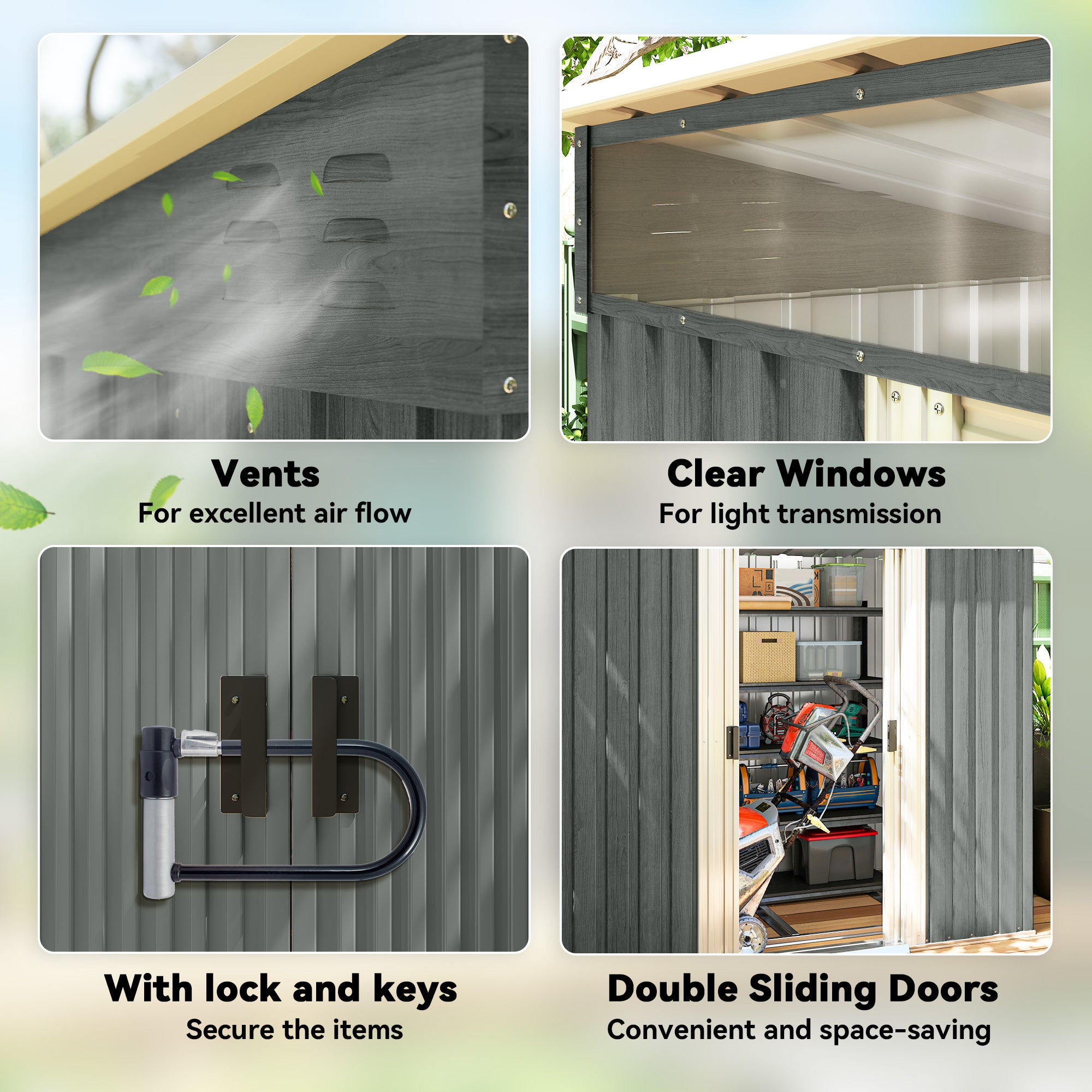 6.5 x 4FT Galvanised Metal Shed with Foundation Kit, Lockable Tool Garden Shed with Double Sliding Doors, Vents, Light Grey Wood Effect