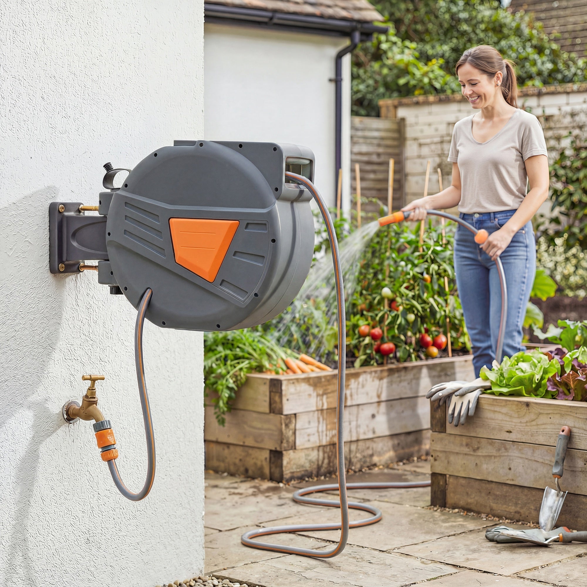 Retractable Hose Reel Wall Mounted, 15+1.6m Garden Hose Pipe Reel with Auto Retraction, Self-Locking, Orange