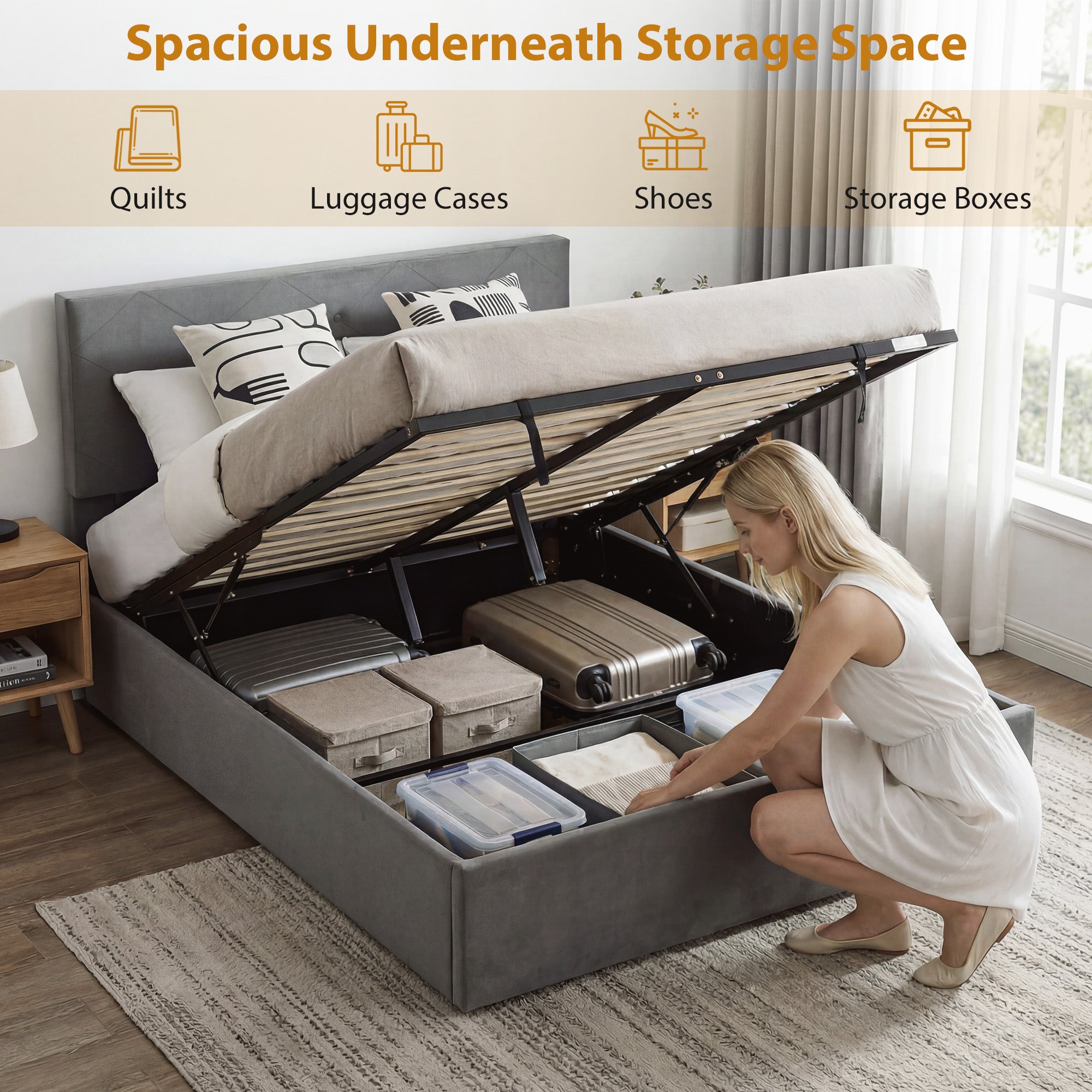 King Size Bed Frame Gas End Lift Under Bed Storage Upholstered Platform Bed Tufted Headboard for 150 x 200 cm Mattress