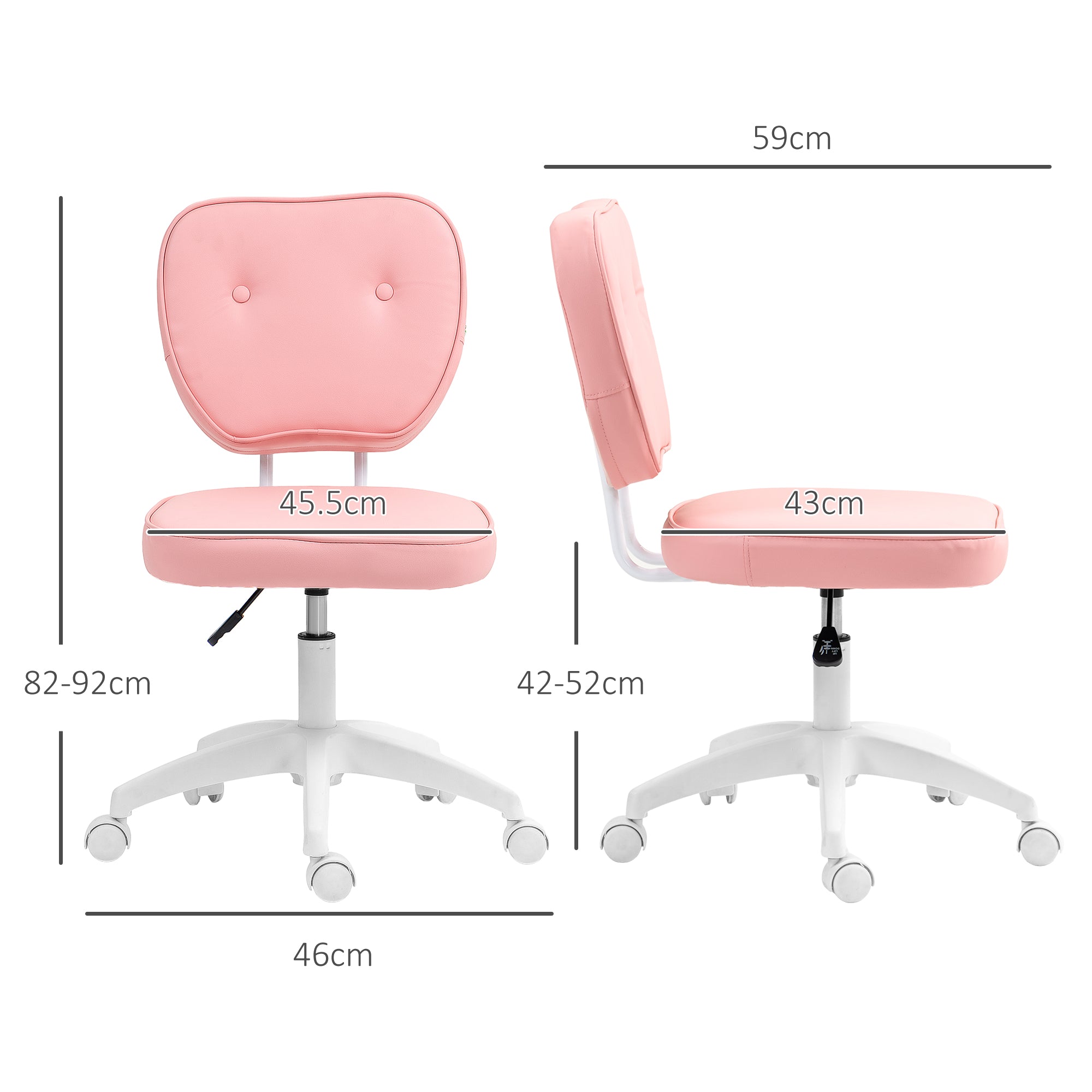 Vanity Office Chair, PU Leather Computer Chair for Home, with Adjustable Height, Armless, Swivel Wheels, Pink