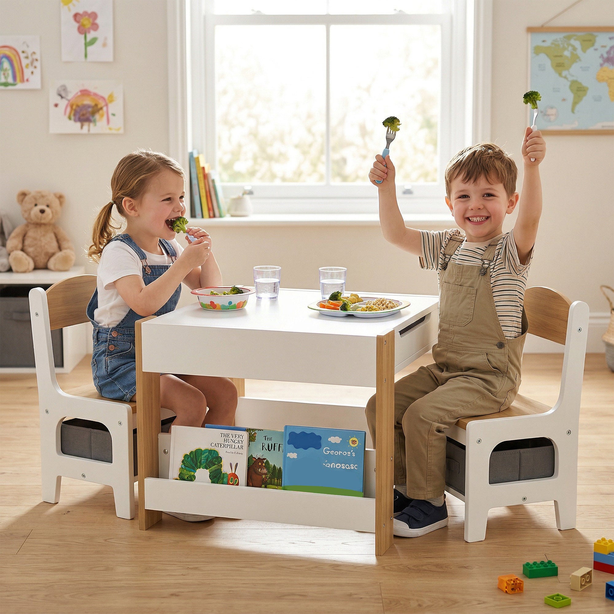 Three-Piece Kids Table and Chair Set with Blackboard, Storage, Bookshelves - Natural Wood