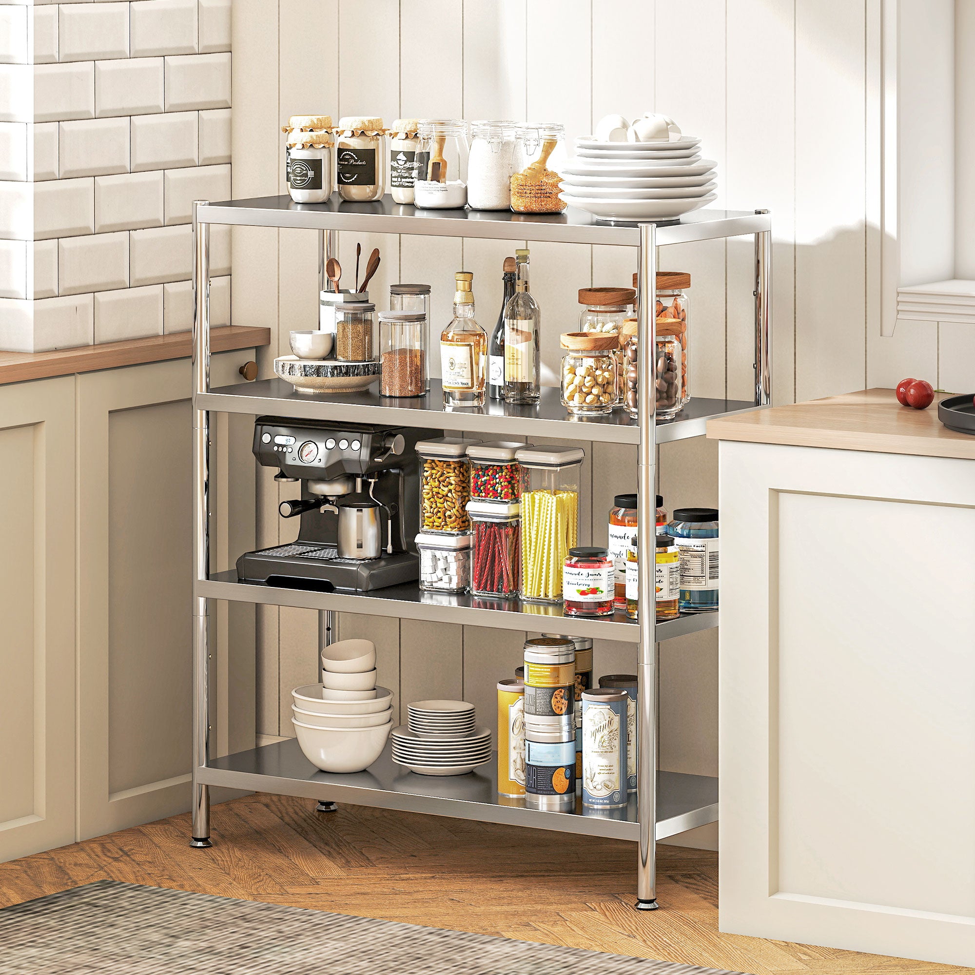 4-Tier Bakers Rack with Storage, Stainless Steel Microwave Stand with Adjustable Shelves for Small Spaces, Kitchen Storage Unit for Spices, Pots and Pans, Silver Tone